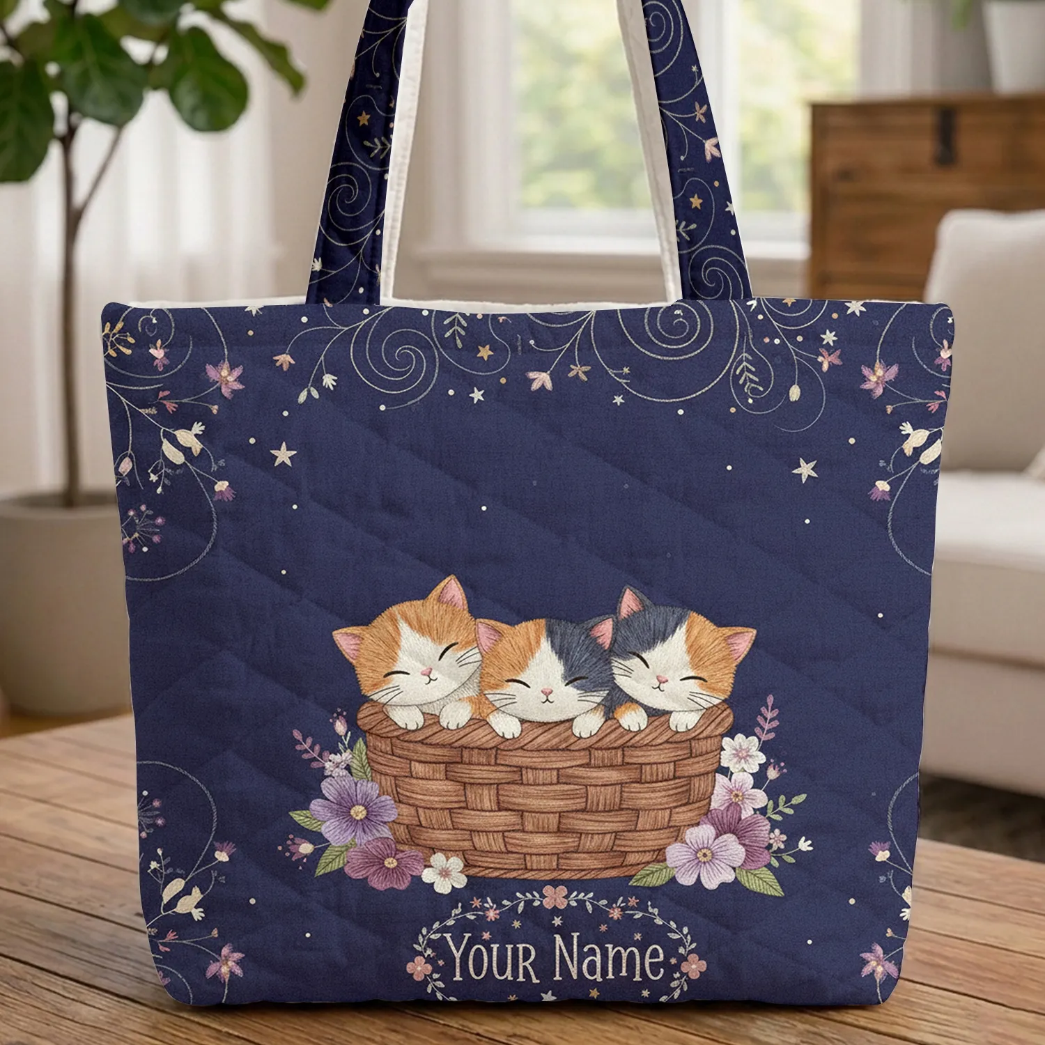 Sleepy Calico Kittens Basket Indigo Night Sky Floral Wreath - Kitten Lover Gift Quilted Tote Bag - 1