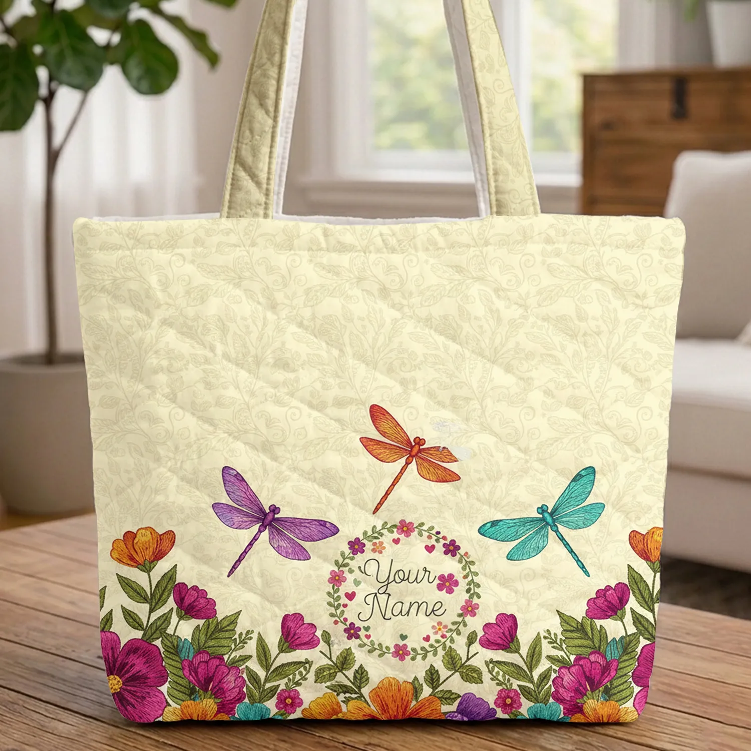 Purple Orange Teal Dragonflies Wildflowers Botanical Vines Garland - Nature Lover Gift Quilted Tote Bag - 1