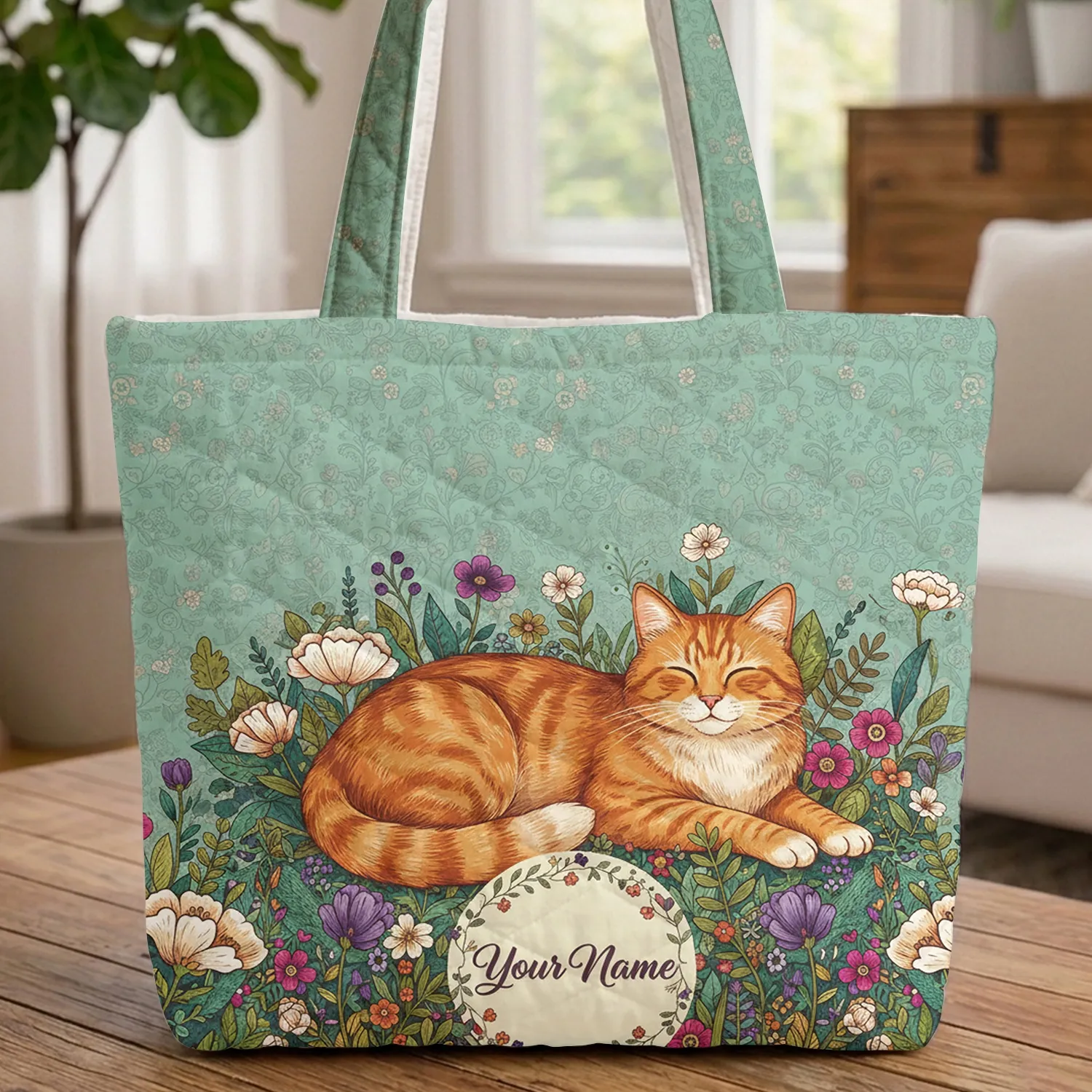 Orange Tabby Cat Floral Wreath Garden - Cat Lover Home Decor Gift Quilted Tote Bag - 1