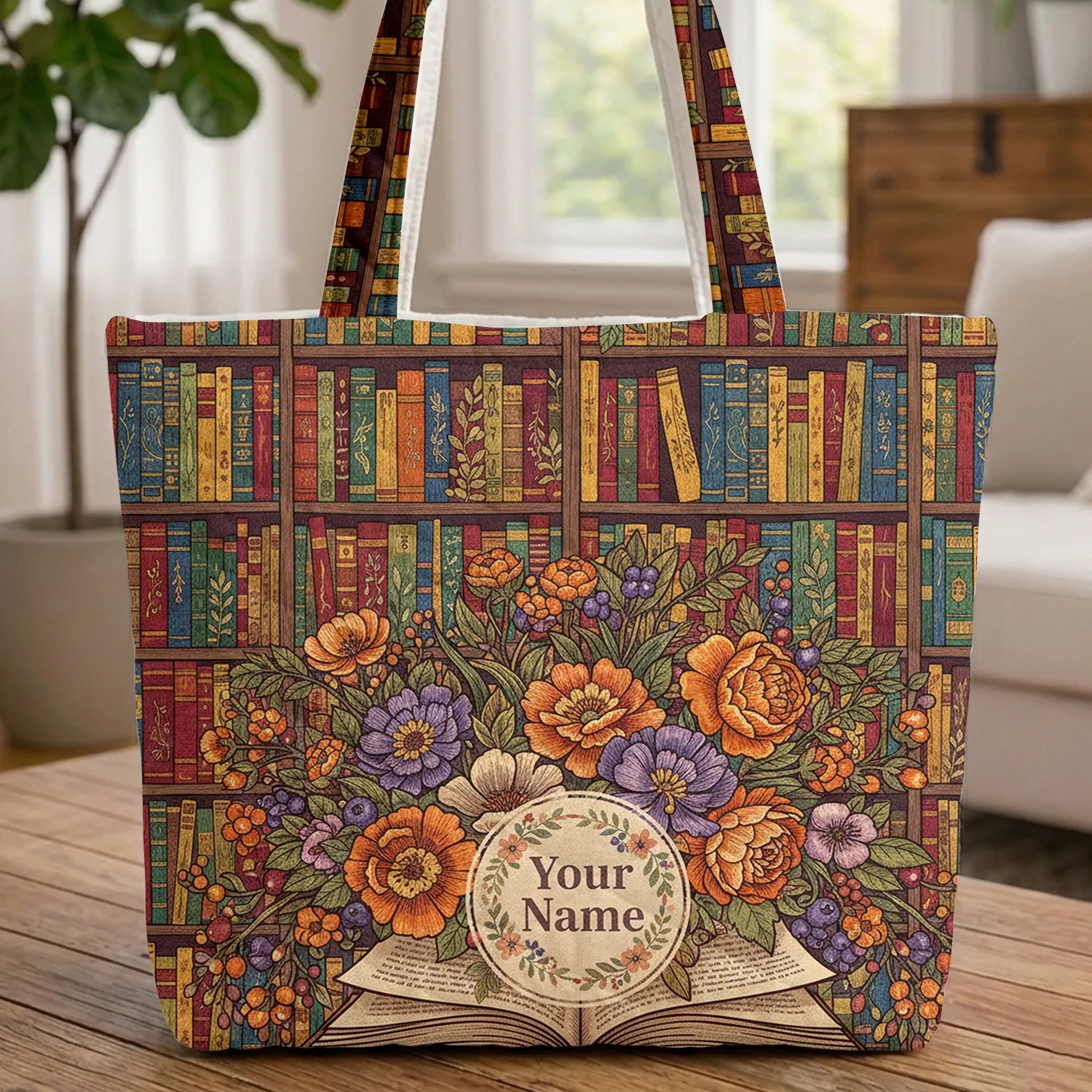 Ornate Bookshelf Open Book Floral Personalized - Reader Home Decor Gift Quilted Tote Bag - 1