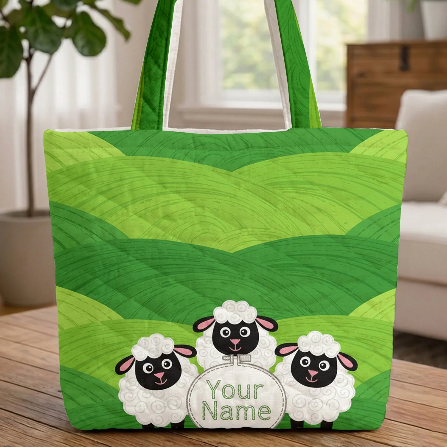 Applique Sheep Personalized Name - Quilted Textile Craft Gift for Her Quilted Tote Bag - 1