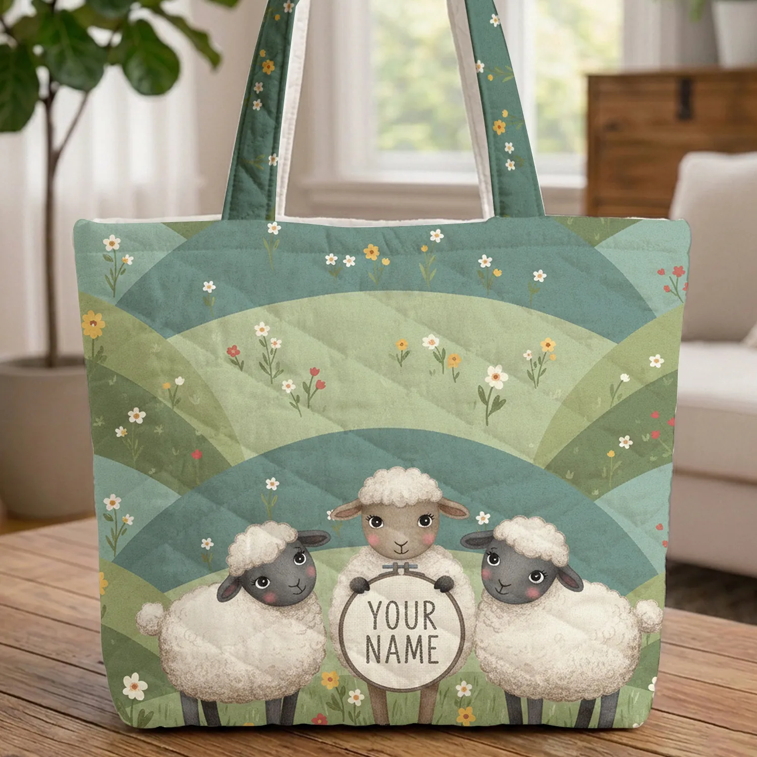 Personalized Cross Stitch Sheep Wildflower Hills - Baby Shower Gift Quilted Tote Bag - 1