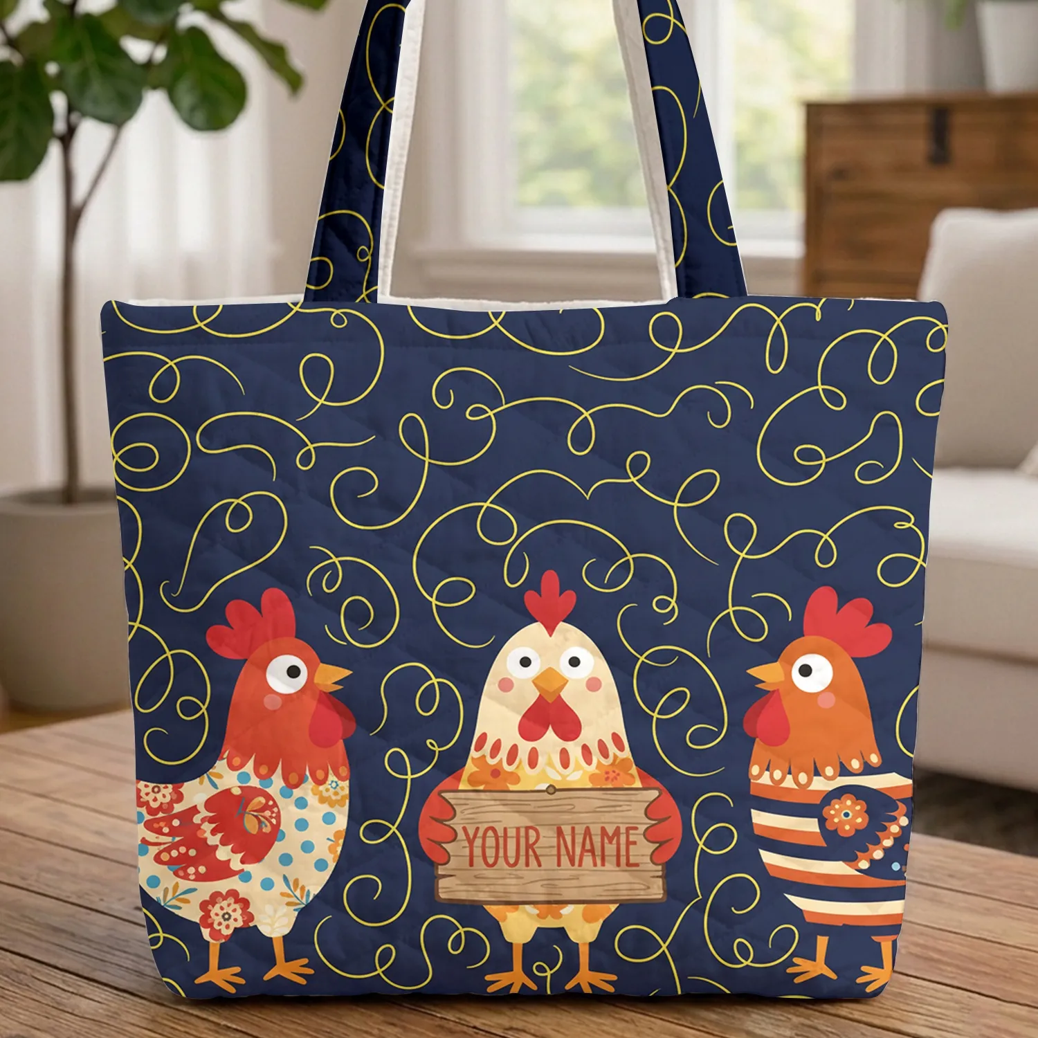 Cheerful Cartoon Chickens Personalized Name Sign - Farmhouse Home Decor Gift Quilted Tote Bag - 1