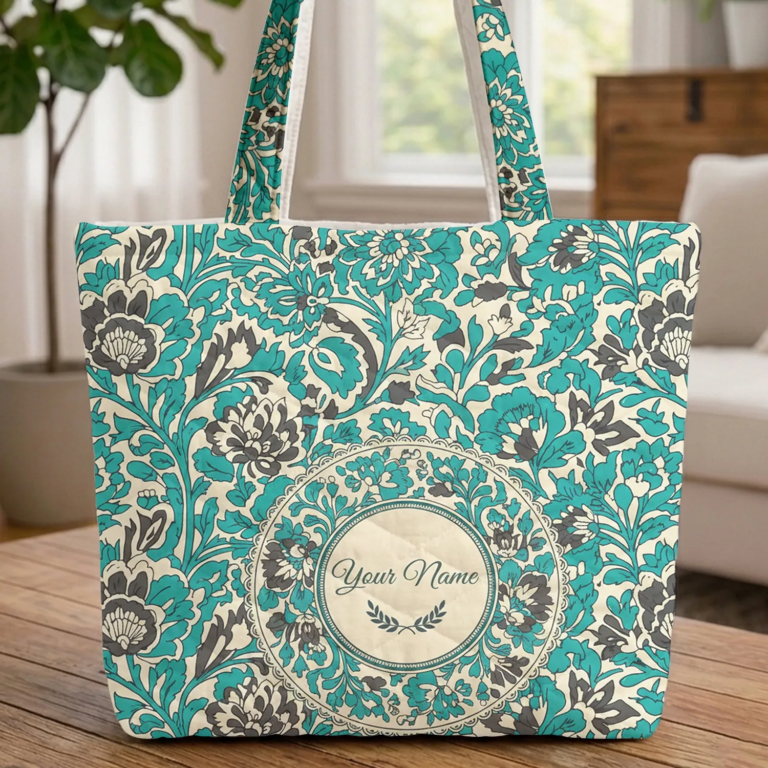 Ornate Floral Medallion Flowers Leaves Teal Cream Botanical - Everyday Use Accessory Quilted Tote Bag - 1