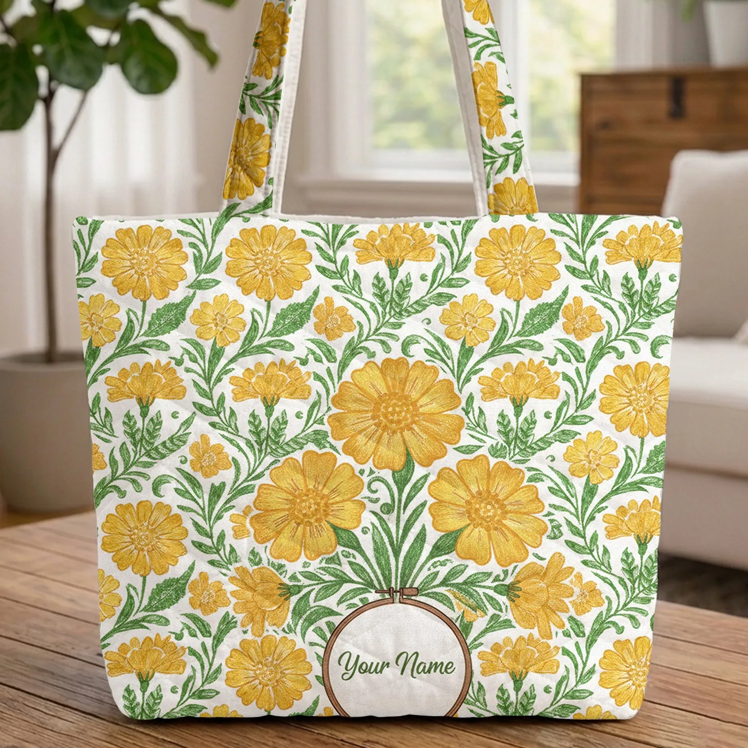 Marigold Flowers Personalized Name - Everyday Floral Lover Gift Quilted Tote Bag - 1