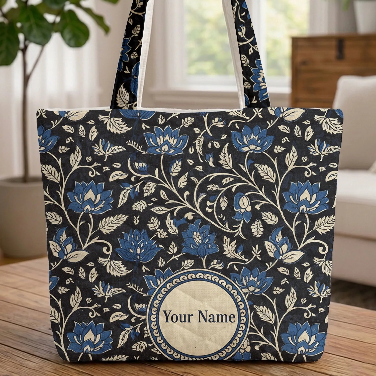 Botanical Lotus Flowers Vines Medallion - Boho Lifestyle Everyday Tote Gift for Her Quilted Tote Bag - 1