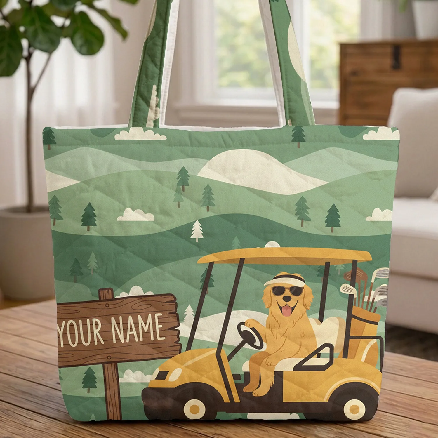Golden Retriever Golf Cart Dog Clubs Your Name Sign - Golf Lover Everyday Tote Gift Quilted Tote Bag - 1
