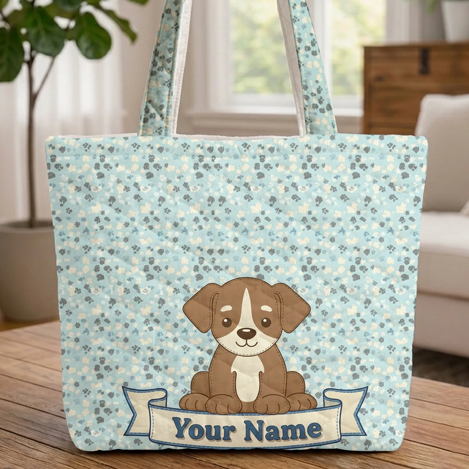 Brown Puppy Paw Prints Bones Scroll Name - Dog Lover Gift Everyday Tote for Pet Owners Quilted Tote Bag - 1