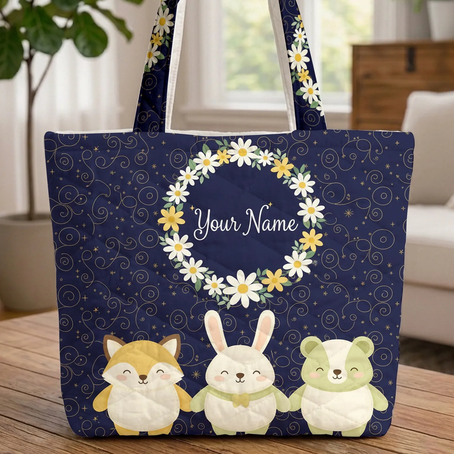 Golden Vine Swirls Starbursts White Daisies Floral Wreath Leaf Accents Everyday Carry Quilted Tote Bag - 1