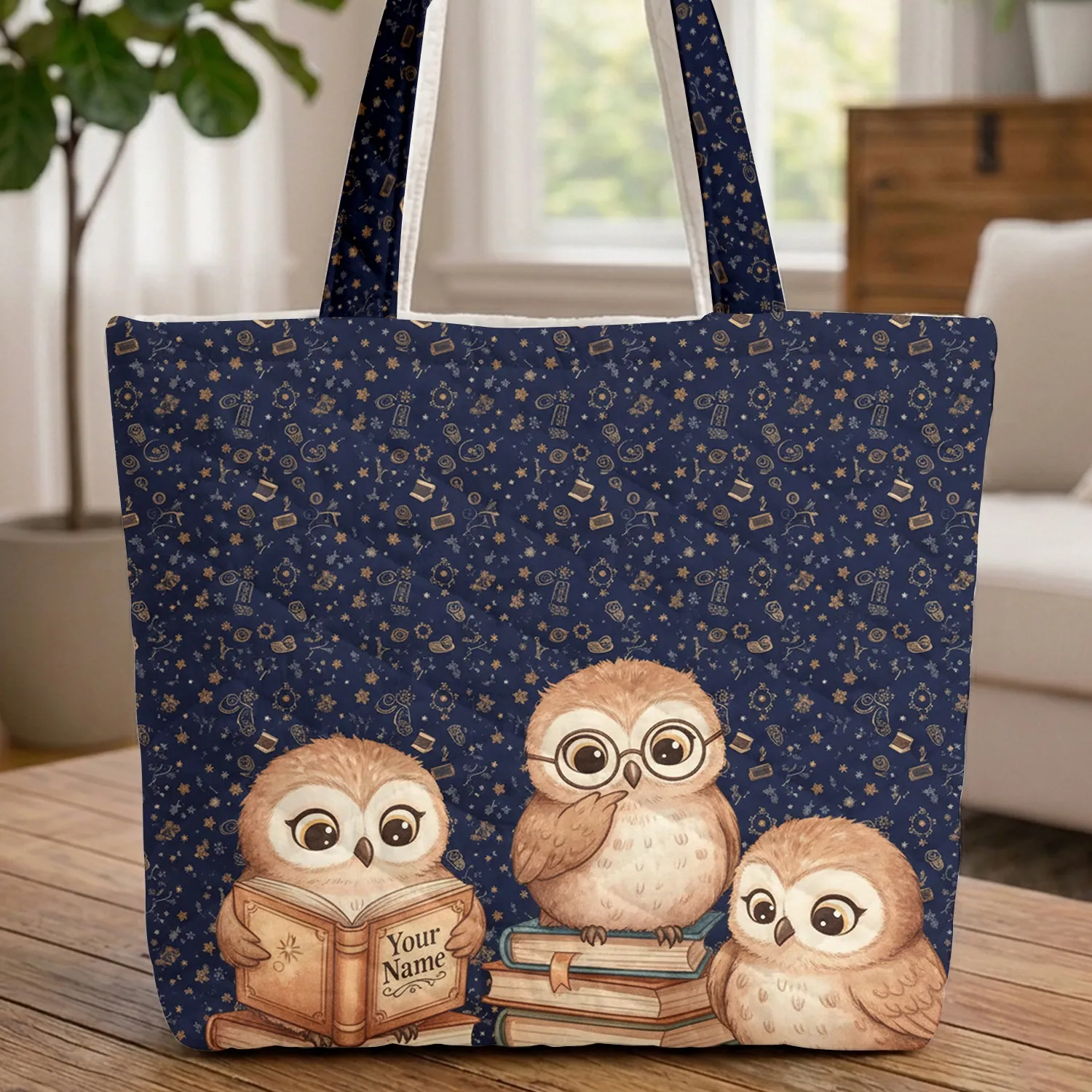Baby Owlets Magical Glowing Books Celestial Constellations - Reader Everyday Gift Quilted Tote Bag - 1