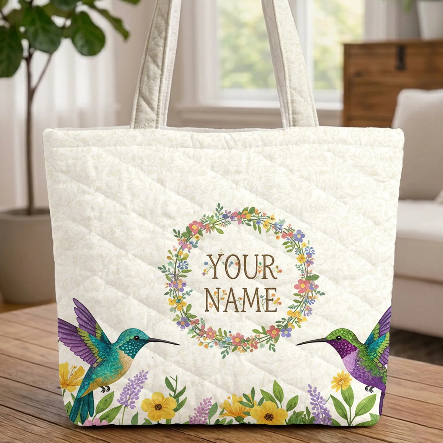 Hummingbirds Vines Garden Flowers Personalized Name - Wildlife Lover Gift Quilted Tote Bag - 1