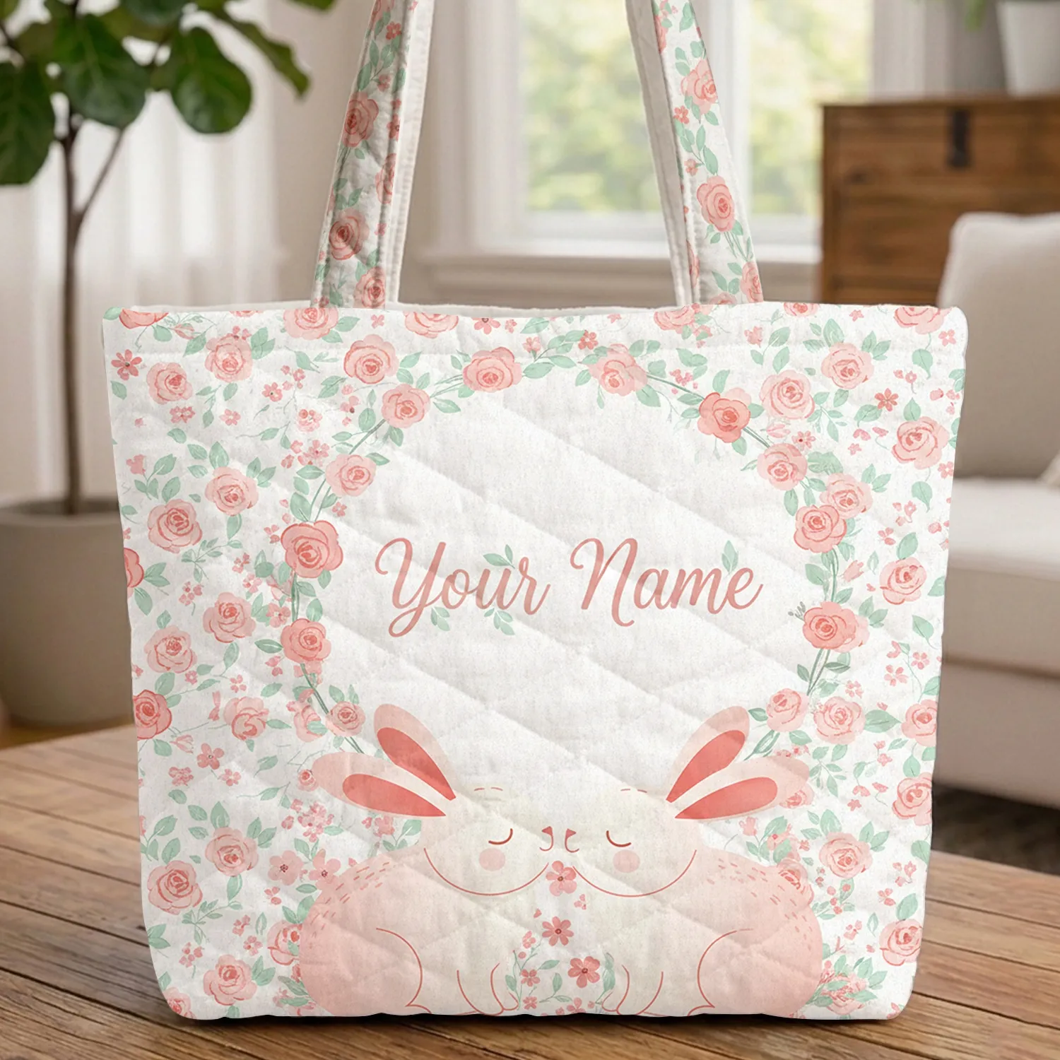 Bunnies Wildflowers Roses 'Your Name' Floral Frame - Wildlife Lover Gift Quilted Tote Bag - 1