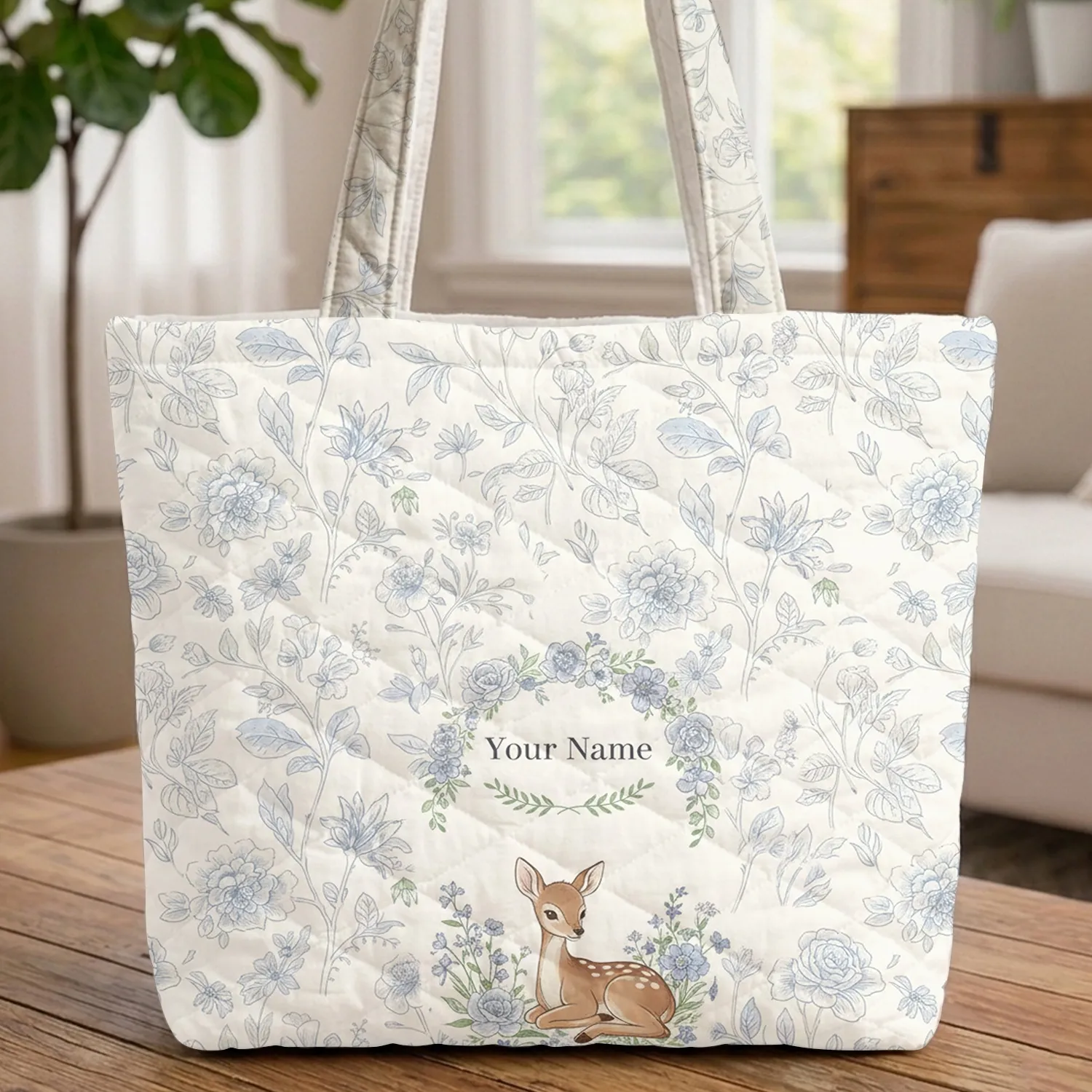 Fawn Deer Wildflower Floral Wreath Name Text - Wildlife Lover Gift Quilted Tote Bag - 1