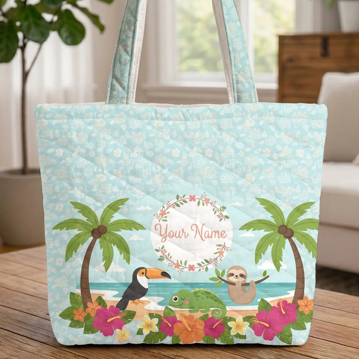 Tropical Beach Palm Trees Hibiscus Floral Wreath Personalized Name - Beach Vacation Gift Quilted Tote Bag - 1