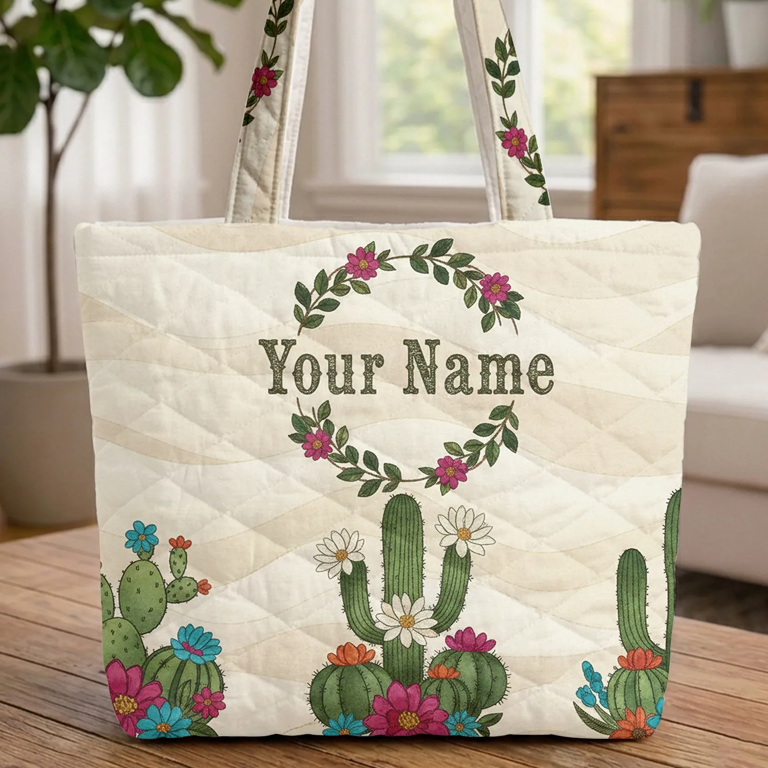 Flowering Cacti Desert Sand Dunes Personalized Name Floral Wreath - Everyday Tote Gift Quilted Tote Bag - 1