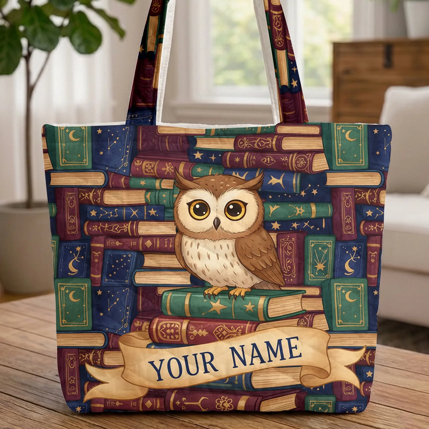 Wise Owl Stacked Books Ornate Magical Covers - Bookworm Scholar Gift Quilted Tote Bag - 1