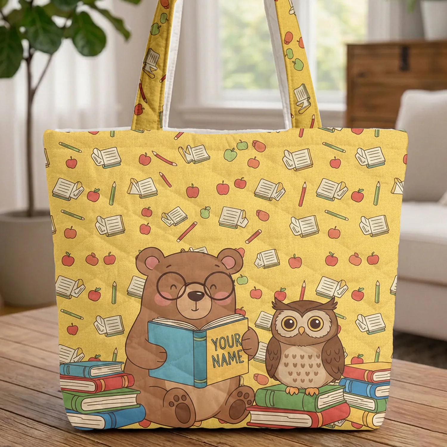 Friendly Bear Wise Owl Books & Supplies - Personalized Journal Student Gift Quilted Tote Bag - 1