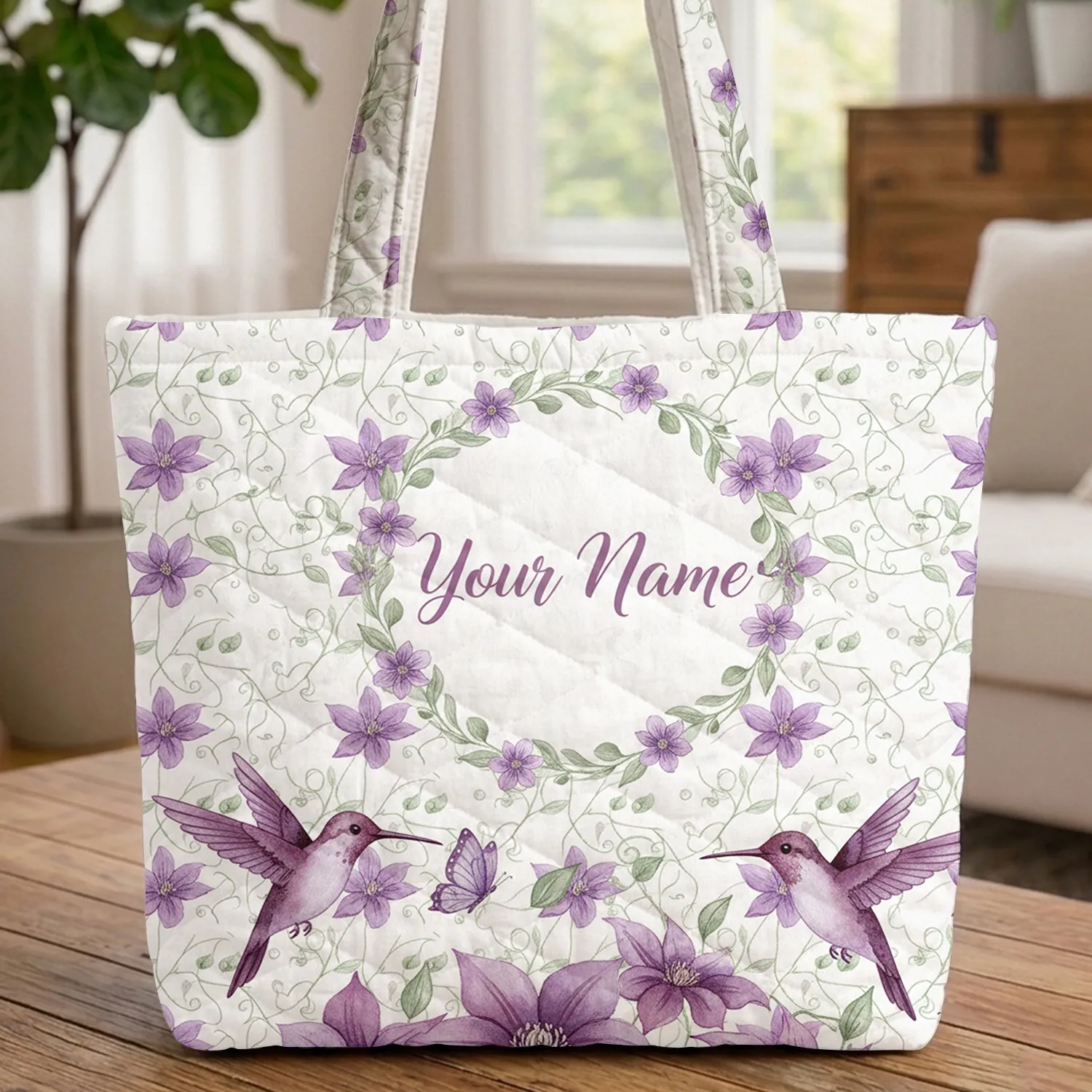 Hummingbird Butterfly Clematis Flowers Your Name Wreath - Nature Lover Gift Quilted Tote Bag - 1