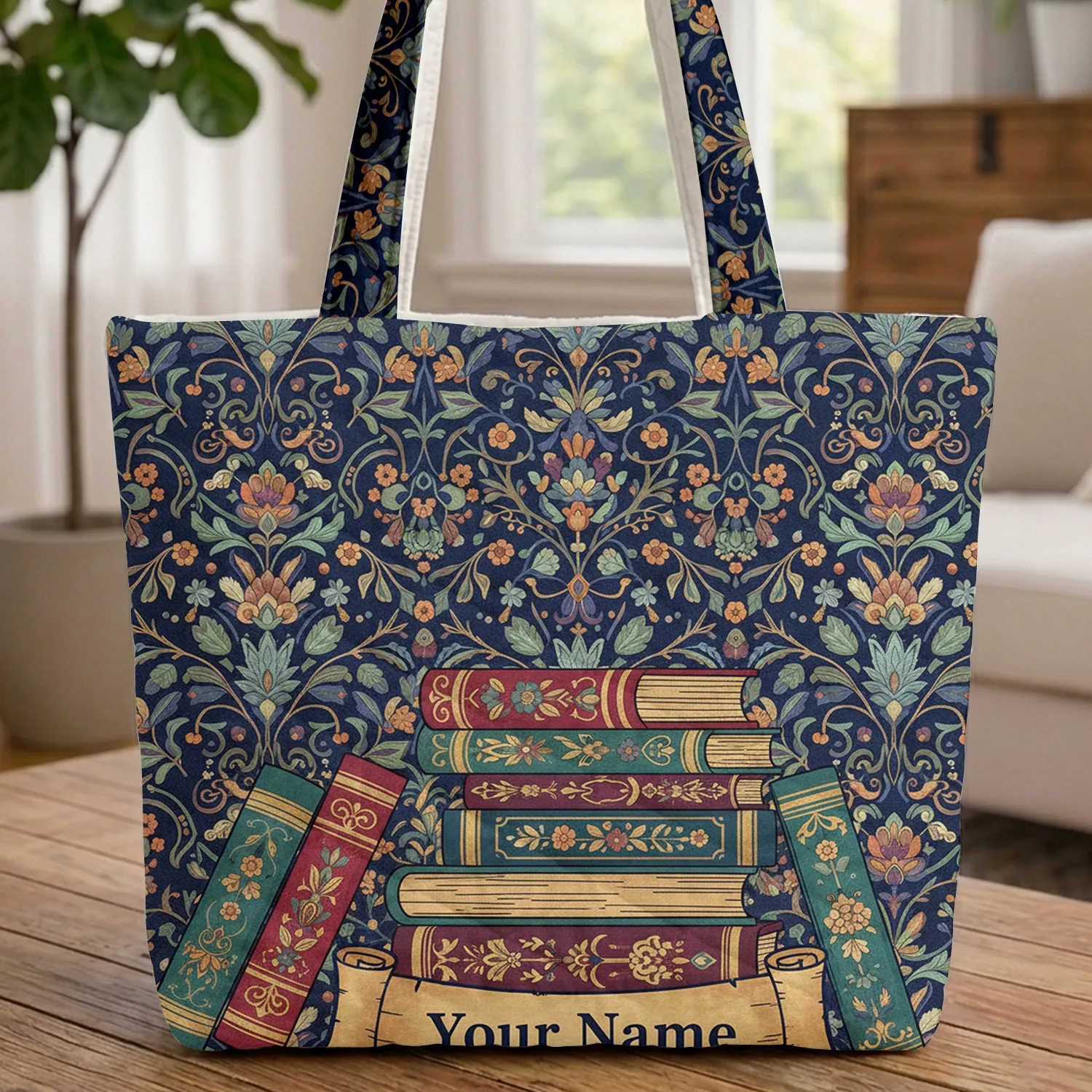 Ornate Antique Books Stack Botanical Floral Leaves Vines Berries - Book Lover Gift Quilted Tote Bag - 1