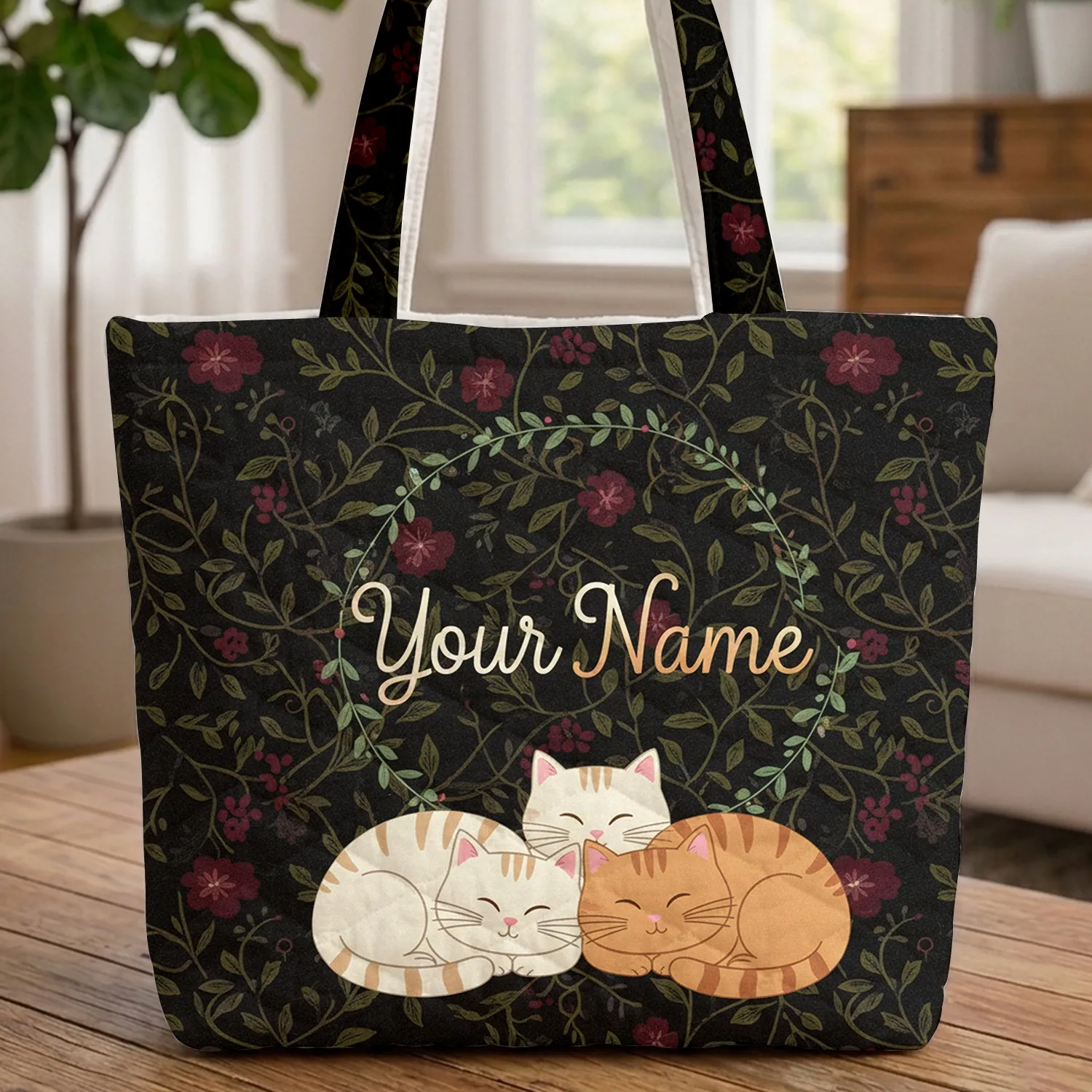 Sleepy Cats Floral Wreath Botanical Vines Personalized - Cat Lover Everyday Tote Quilted Tote Bag - 1