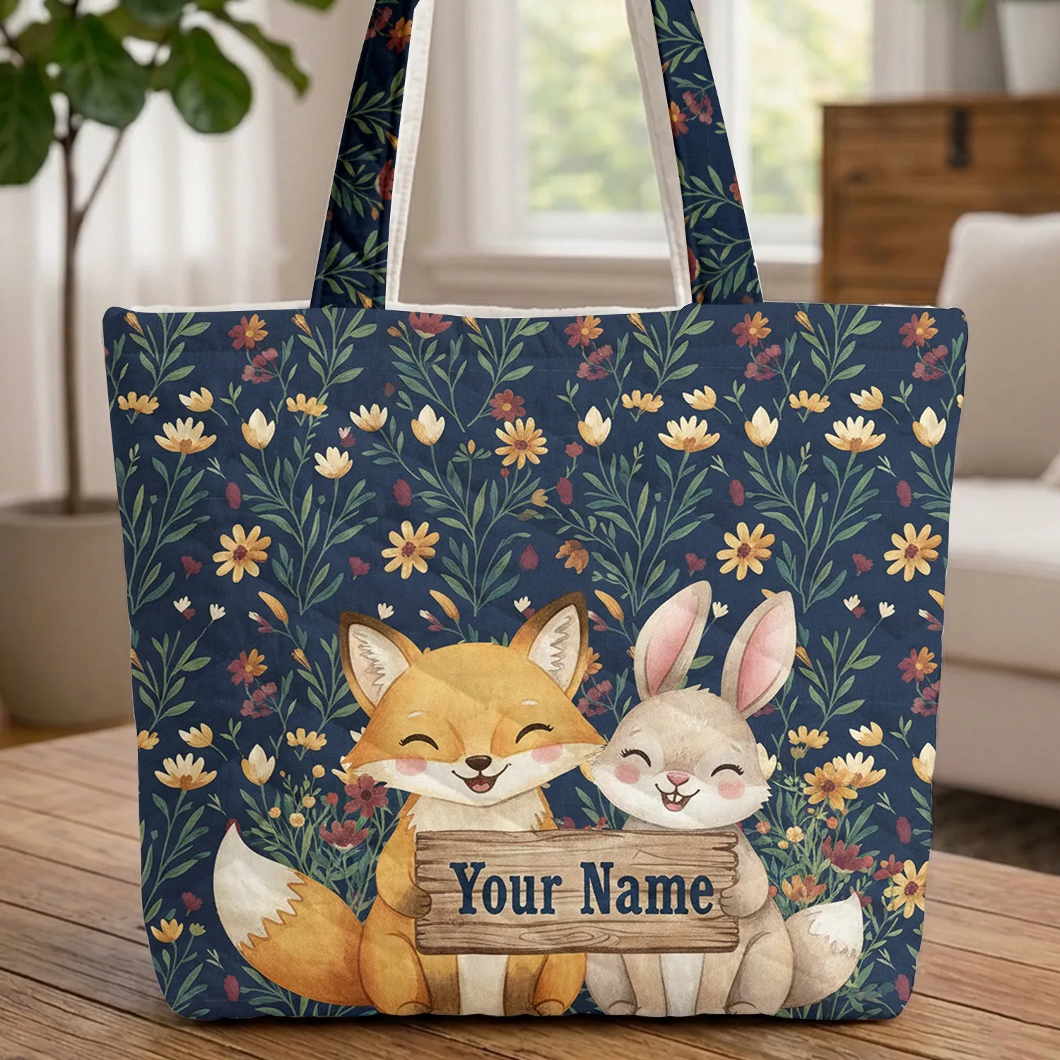 Fox Bunny Delicate Wildflowers Leafy Vines Rustic Wooden Sign - Nature Lover Gift Quilted Tote Bag - 1