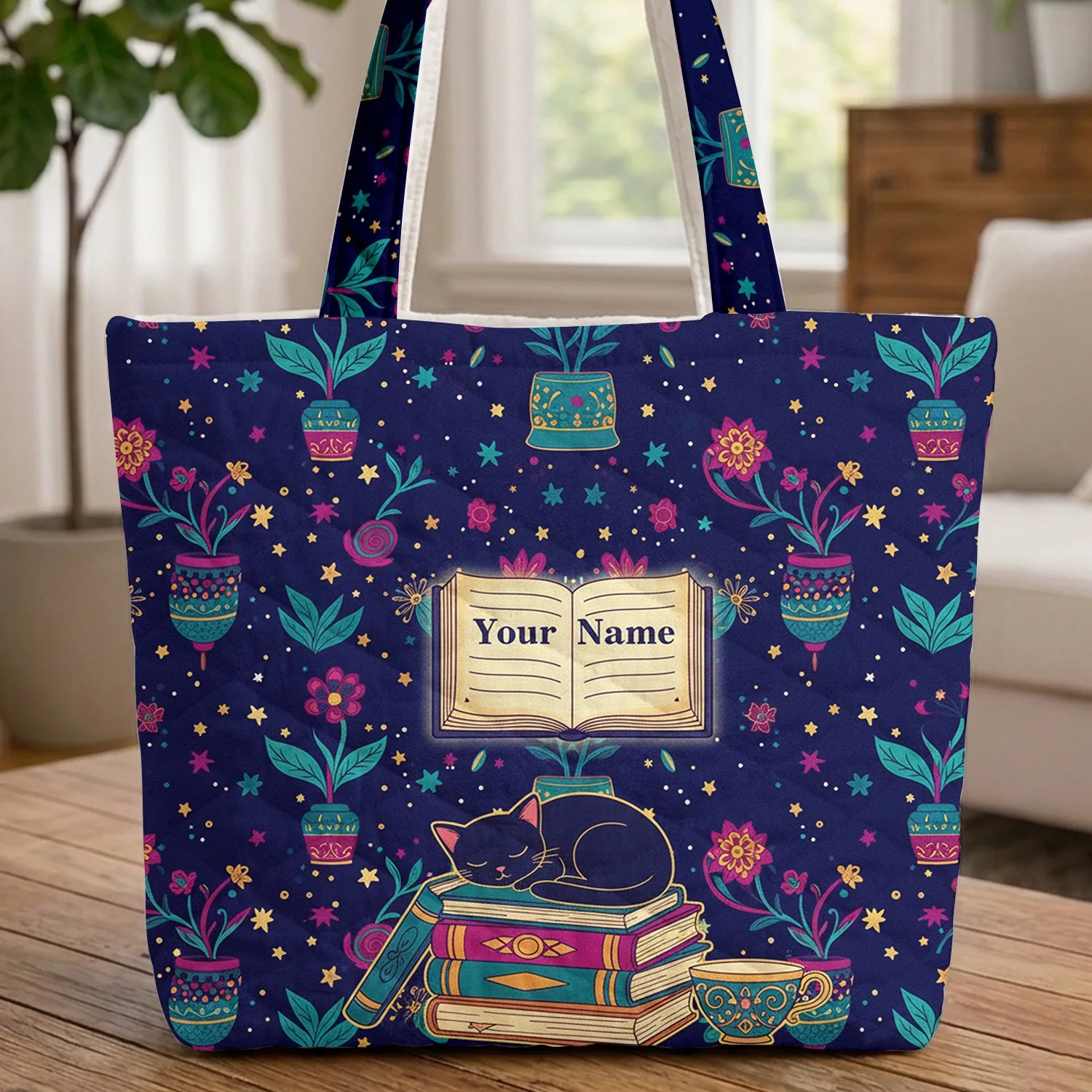 Sleeping Black Cat Vintage Books Teacup Celestial Sky - Everyday Cat Lover Gift Quilted Tote Bag - 1