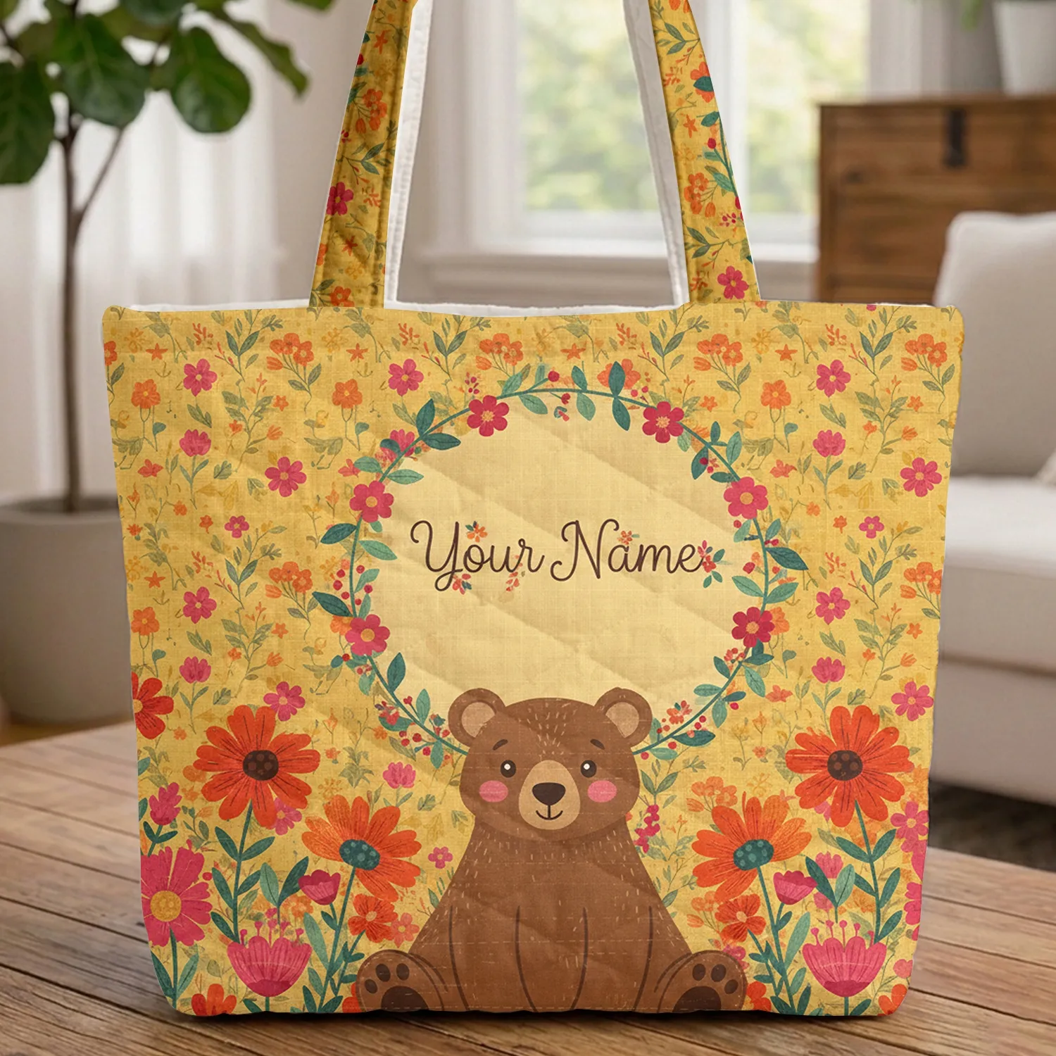 Brown Bear Wildflowers Floral Wreath Name - Everyday Tote Wildlife Lover Gift Quilted Tote Bag - 1