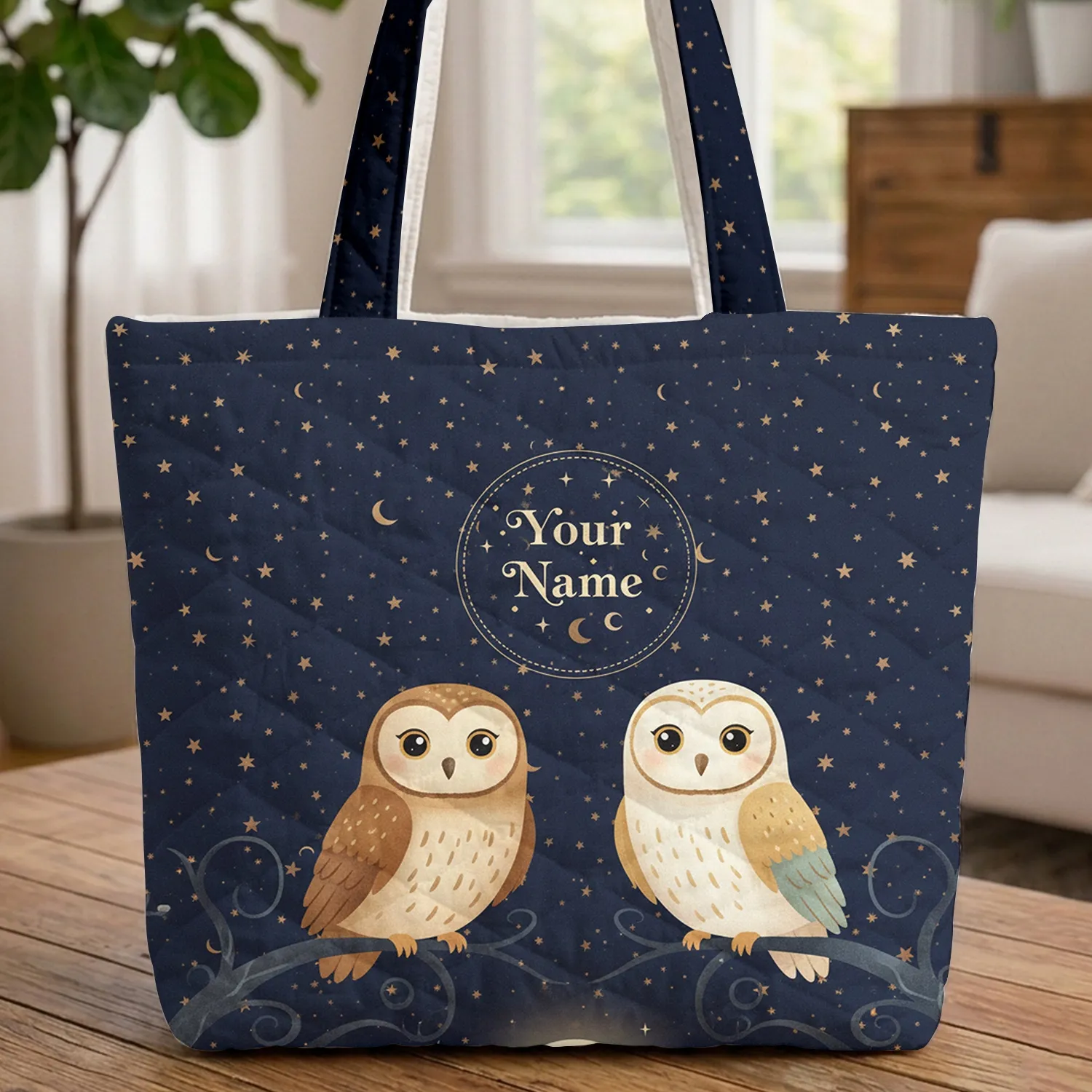 Custom Name Two Owls Celestial Glowing Moon & Stars - Everyday Tote for Night Sky Lover Quilted Tote Bag - 1