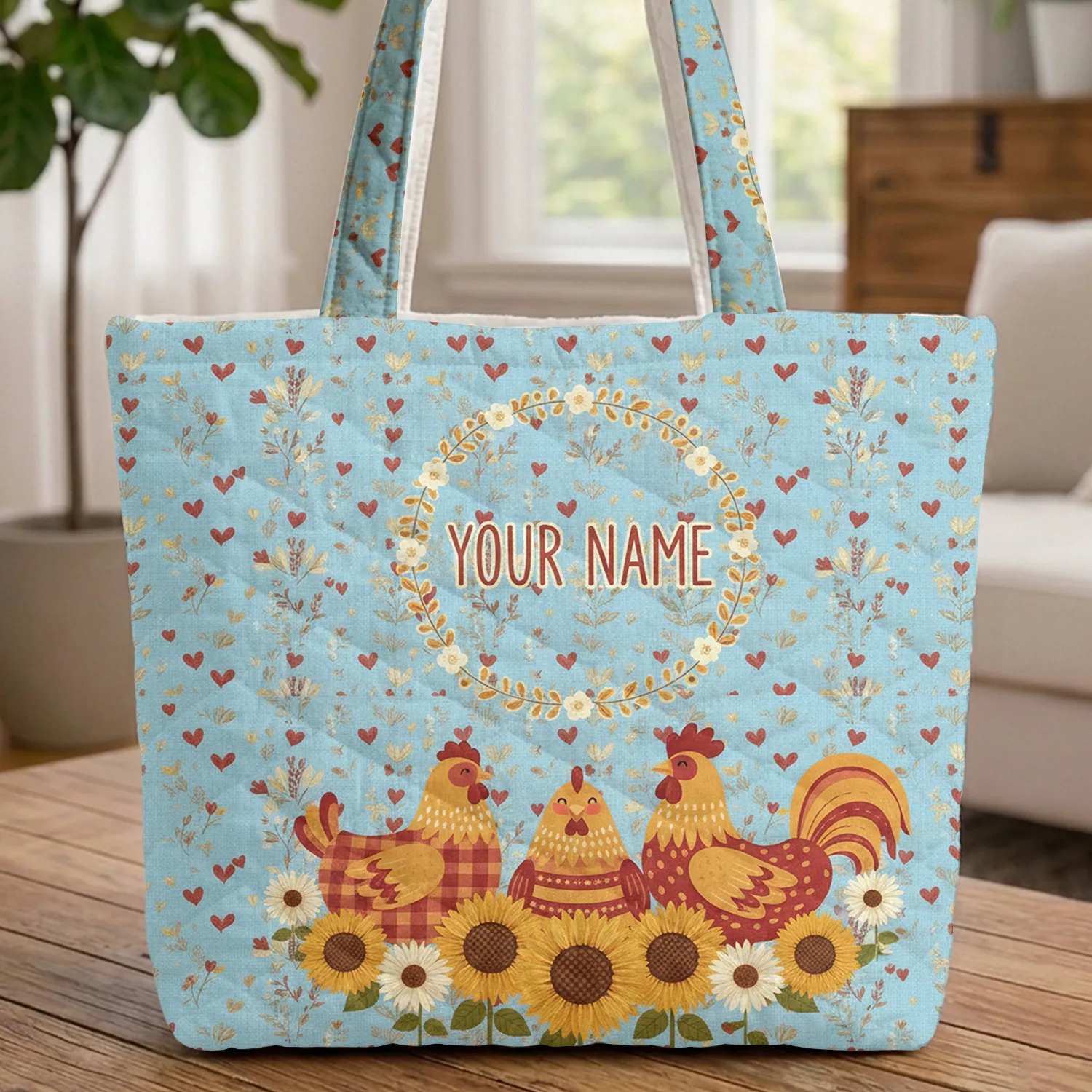 Hens Rooster Sunflowers Daisy Floral Wreath - Farmhouse Home Decor Gift for Chicken Lover Quilted Tote Bag - 1