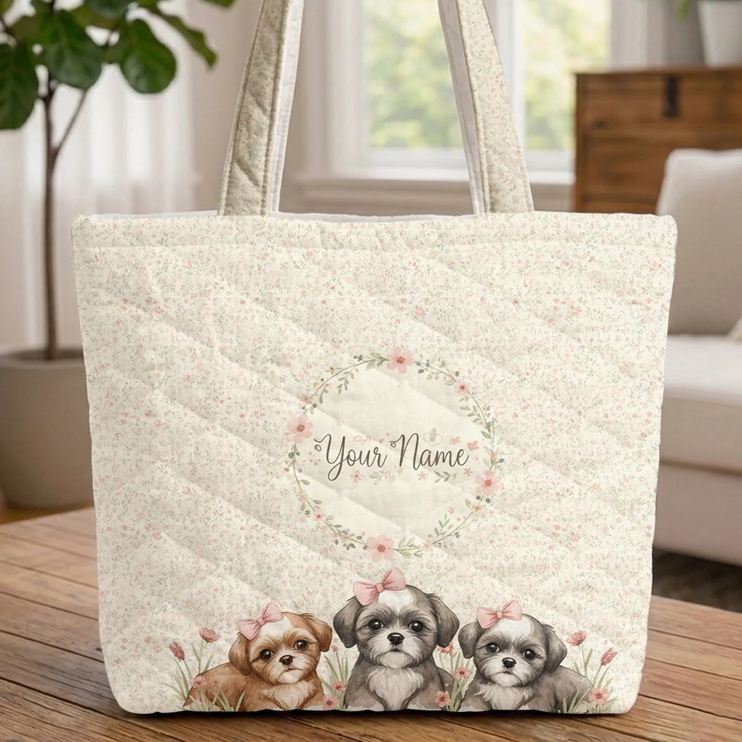 Shih Tzu Puppies Wildflower Floral Wreath - Everyday Carry Dog Lover Gift Quilted Tote Bag - 1