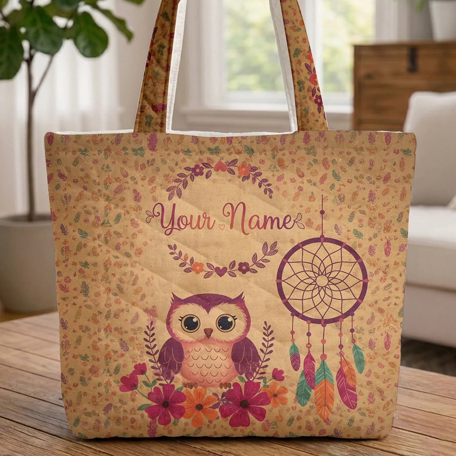 Owl Dreamcatcher Wildflower Garland Your Name - Boho Lifestyle Gift for Wildlife Lover Quilted Tote Bag - 1