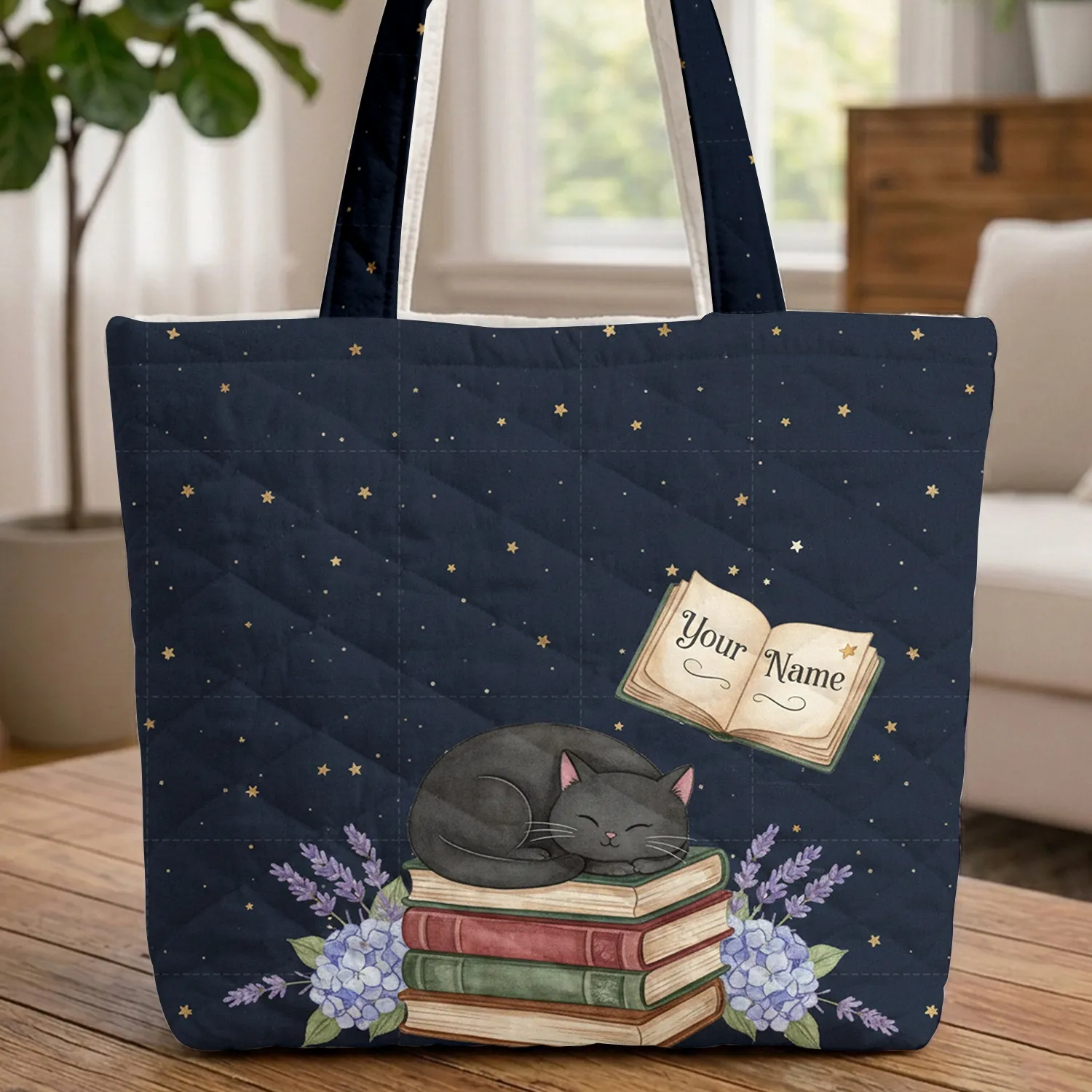 Black Cat Antique Books Lavender Hydrangeas Your Name - Cat Lover Everyday Carry Gift Quilted Tote Bag - 1
