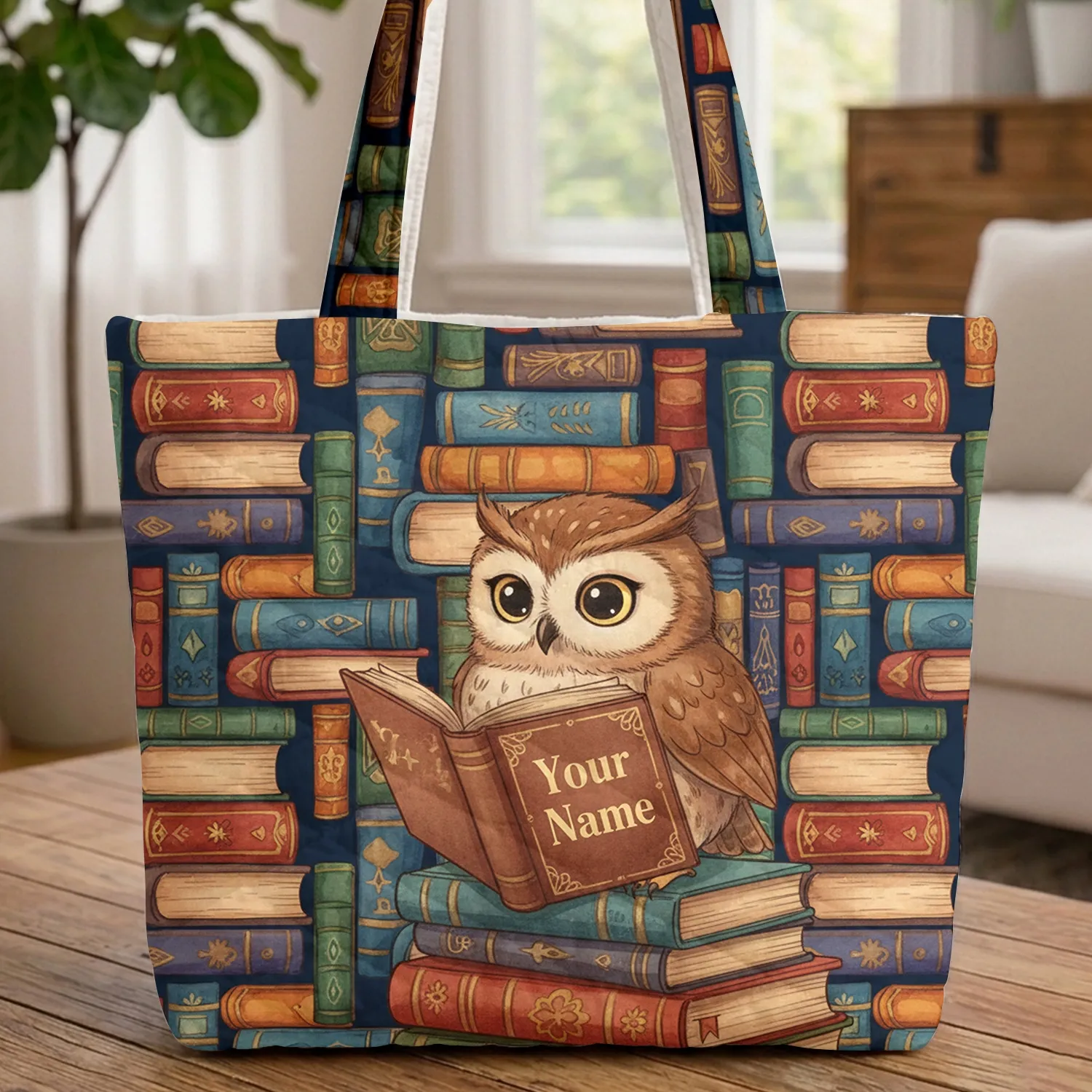 Personalized Wise Owl Reading Open Book on Antique Books - Book Lover Reading Gift Quilted Tote Bag - 1