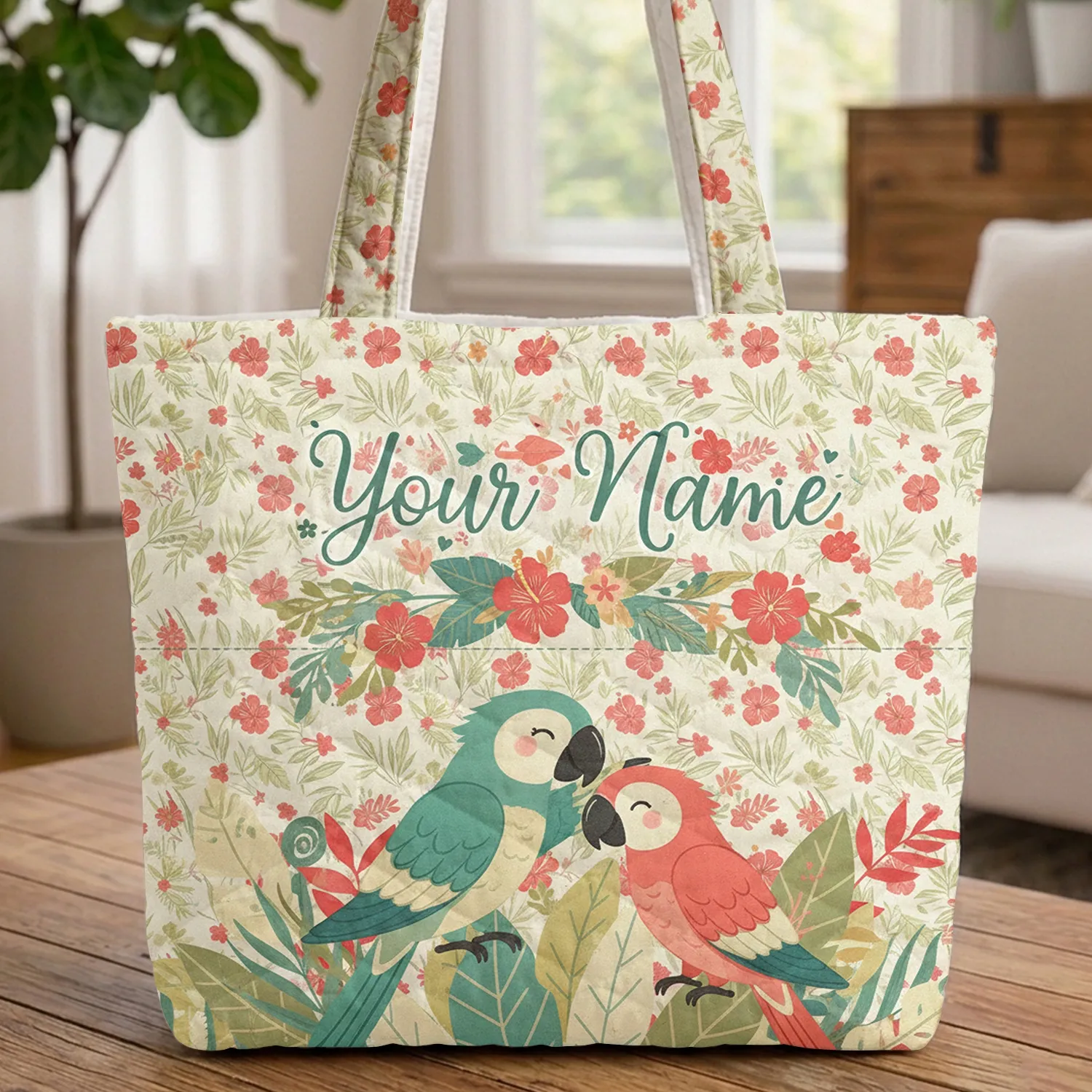 Tropical Parrots Hibiscus Palm Fronds Personalized Your Name - Tropical Lover Gift Quilted Tote Bag - 1