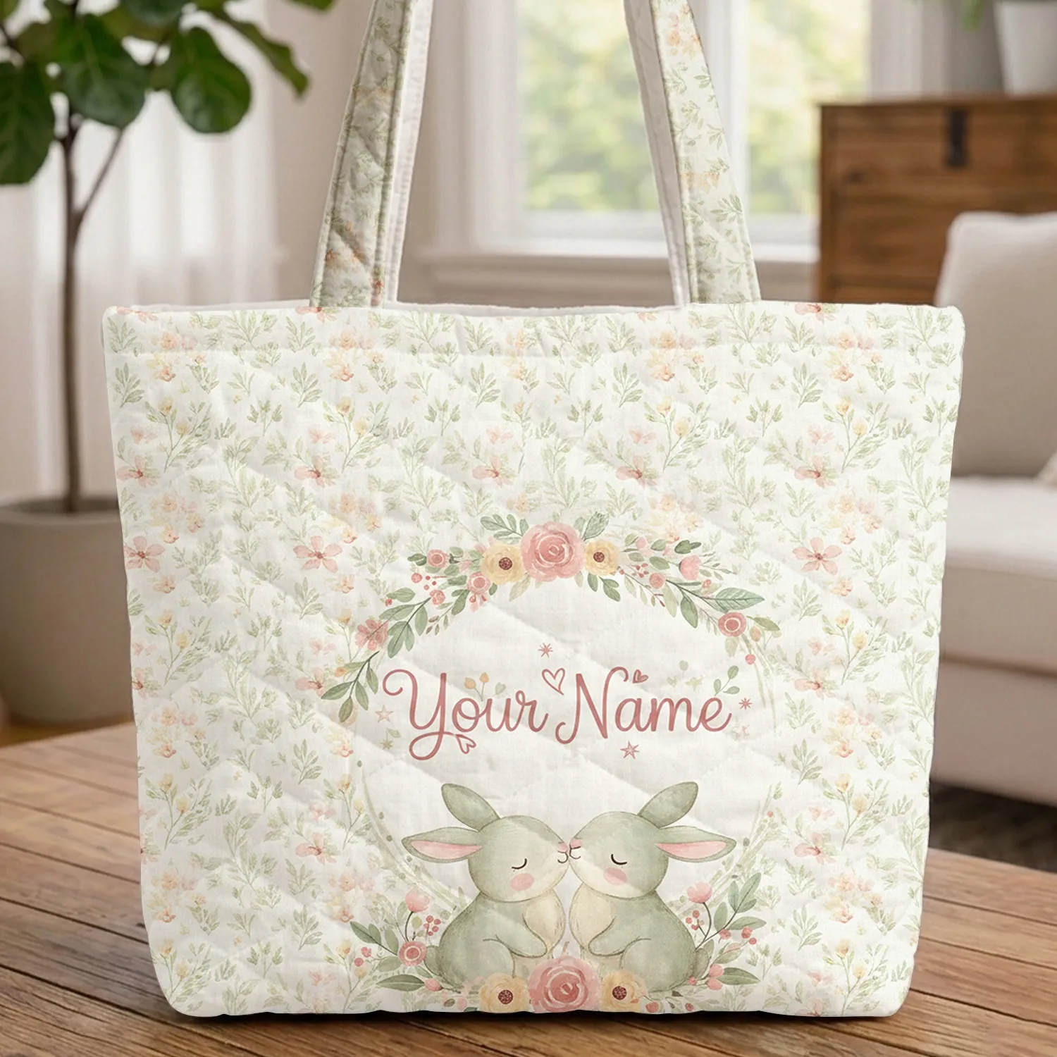 Two Bunnies Nuzzling Wildflowers Floral Wreath Leaves - Everyday Carryall Quilted Tote Bag - 1