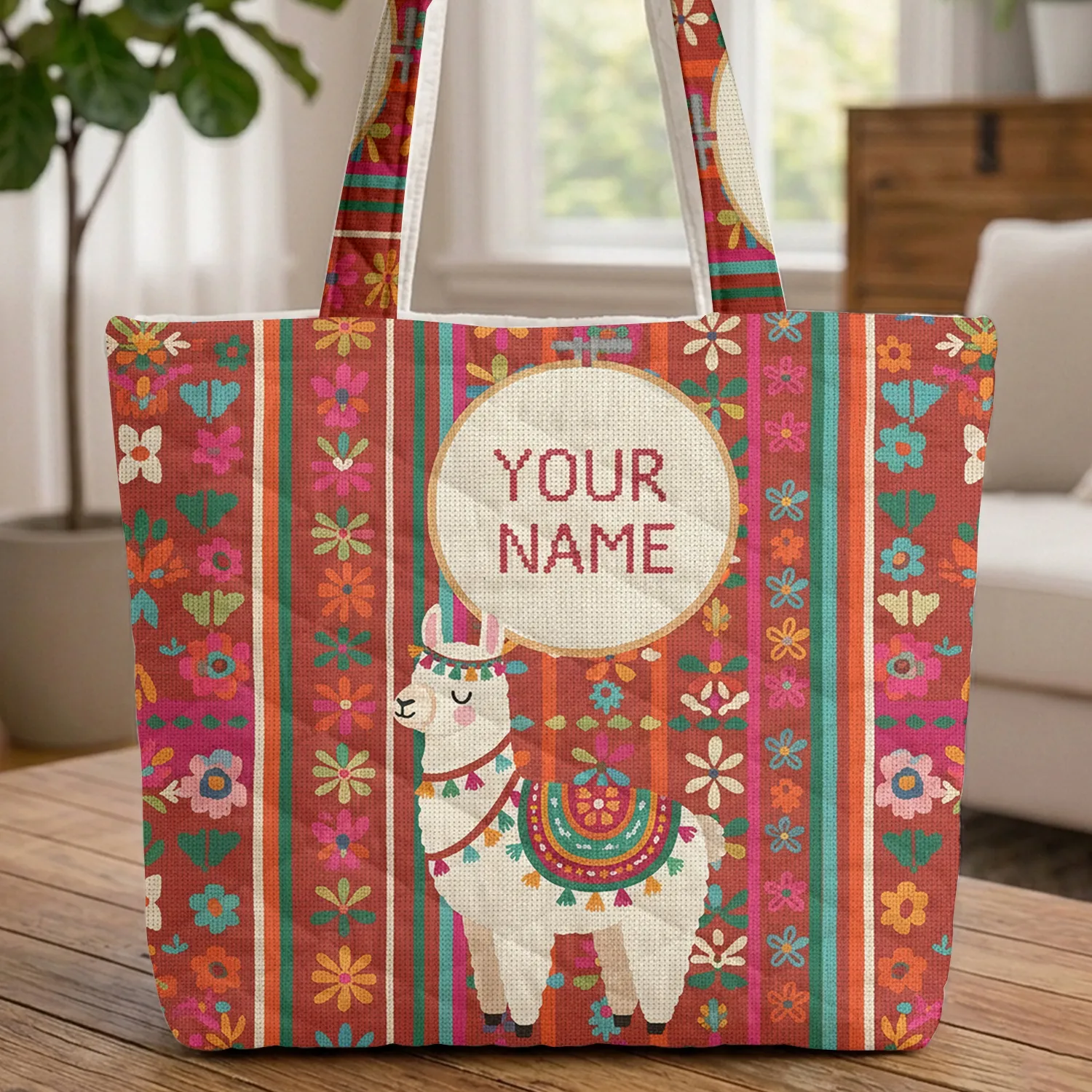 White Llama Floral Saddle Blanket Name Hoop - Llama Lover Gift Quilted Tote Bag - 1