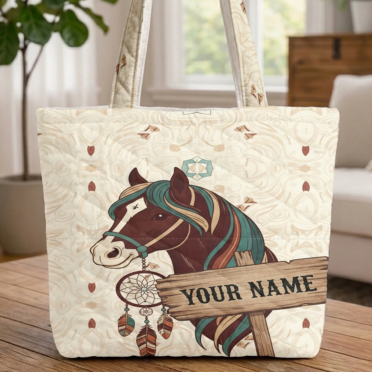 Majestic Horse Head Dreamcatcher Your Name Sign - Western Lifestyle Gift for Horse Lovers Quilted Tote Bag - 1