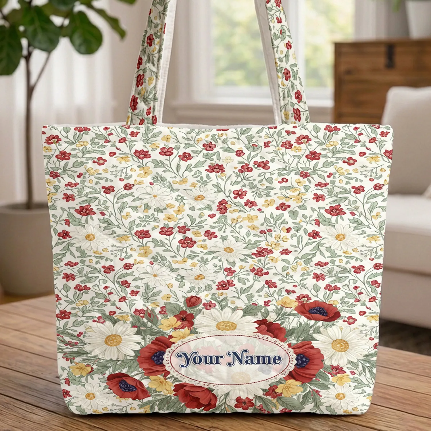 Oval Medallion Patriotic Floral Bouquet Independence Day Personalized Gift Quilted Tote Bag - 1