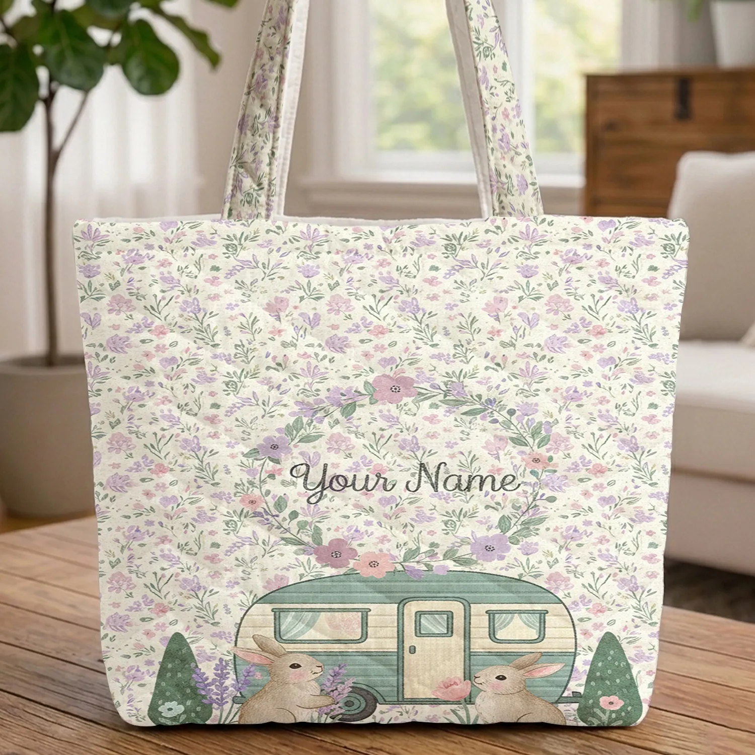 Personalized Your Name Bunnies Vintage Travel Trailer Flowers Gift for Her Quilted Tote Bag - 1