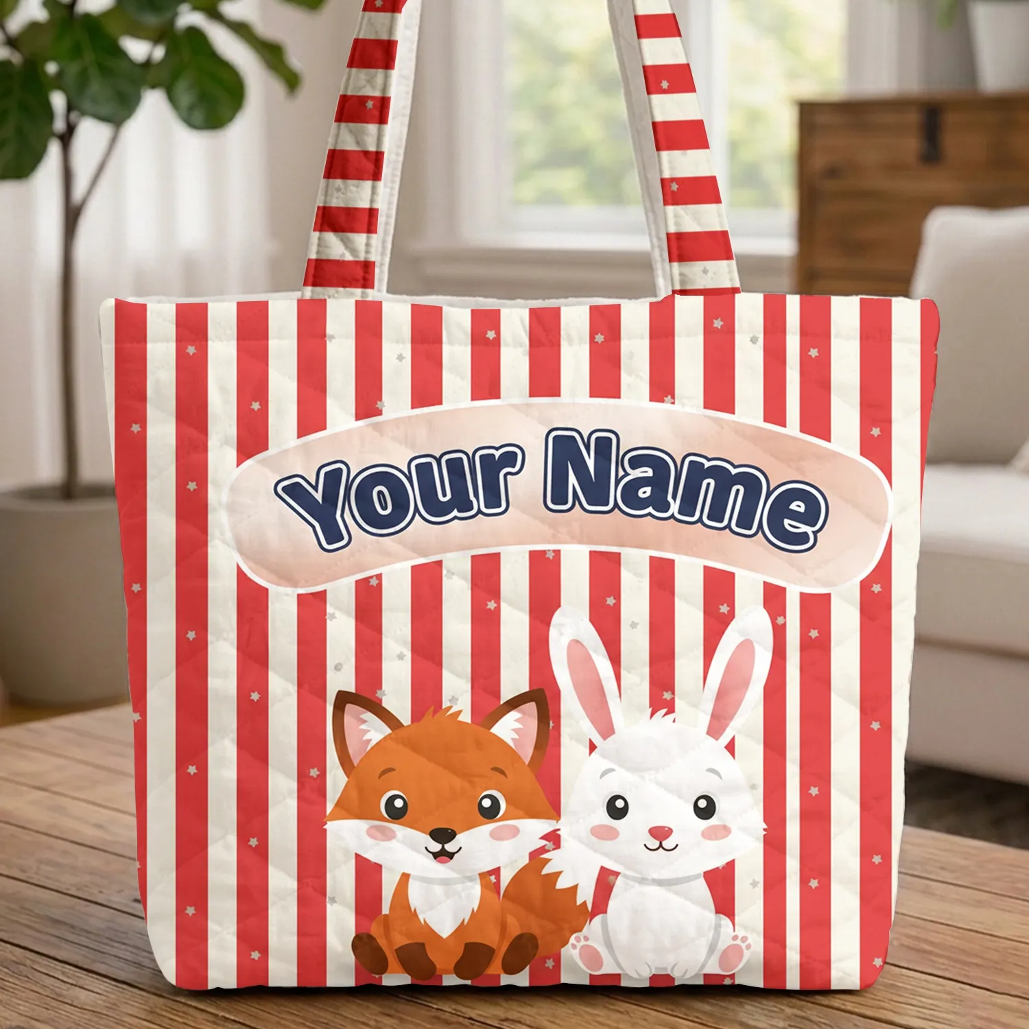 Smiling Fox Bunny Your Name Stars - Everyday Carry Gift for Kids Quilted Tote Bag - 1