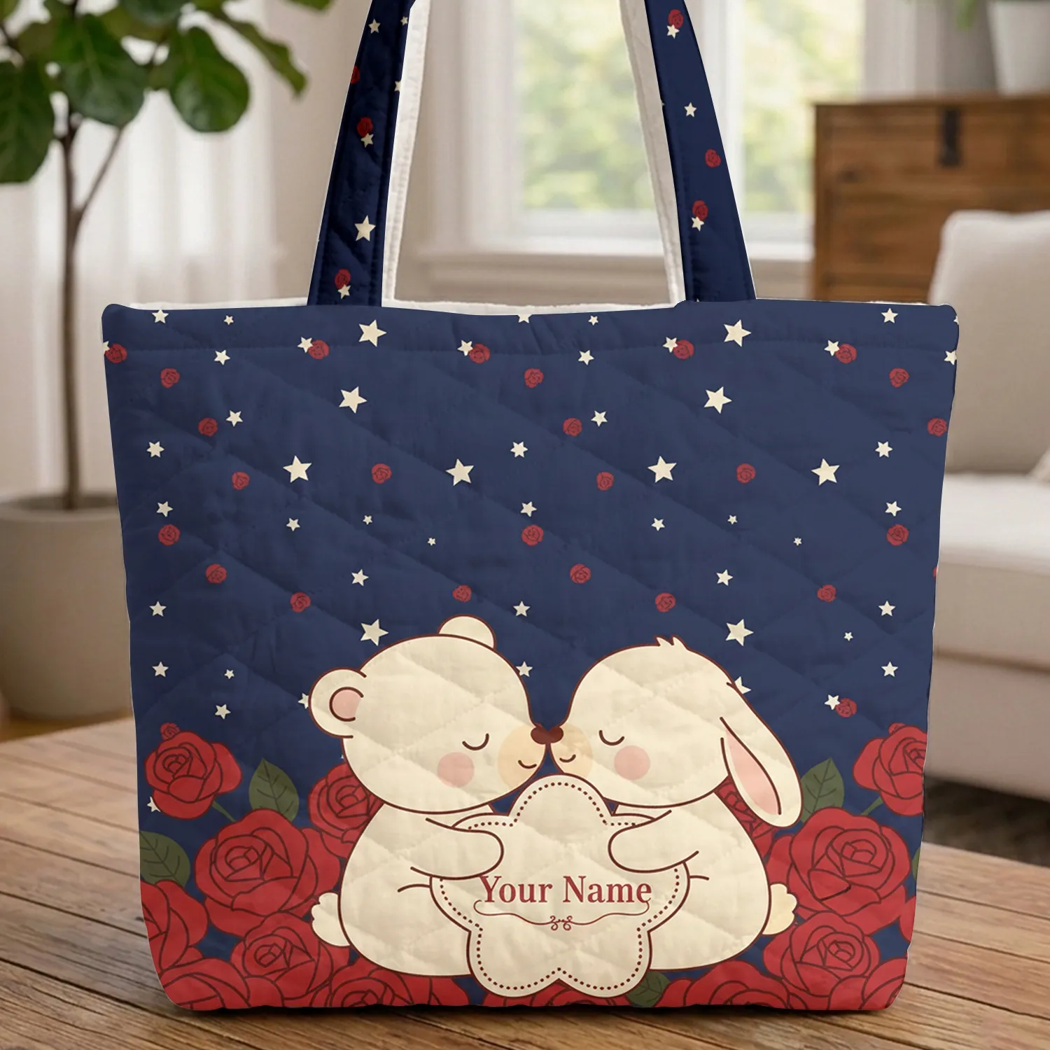 Bear Bunny Nuzzling Red Roses Stars Navy Background - Personalized Everyday Tote Gift Quilted Tote Bag - 1