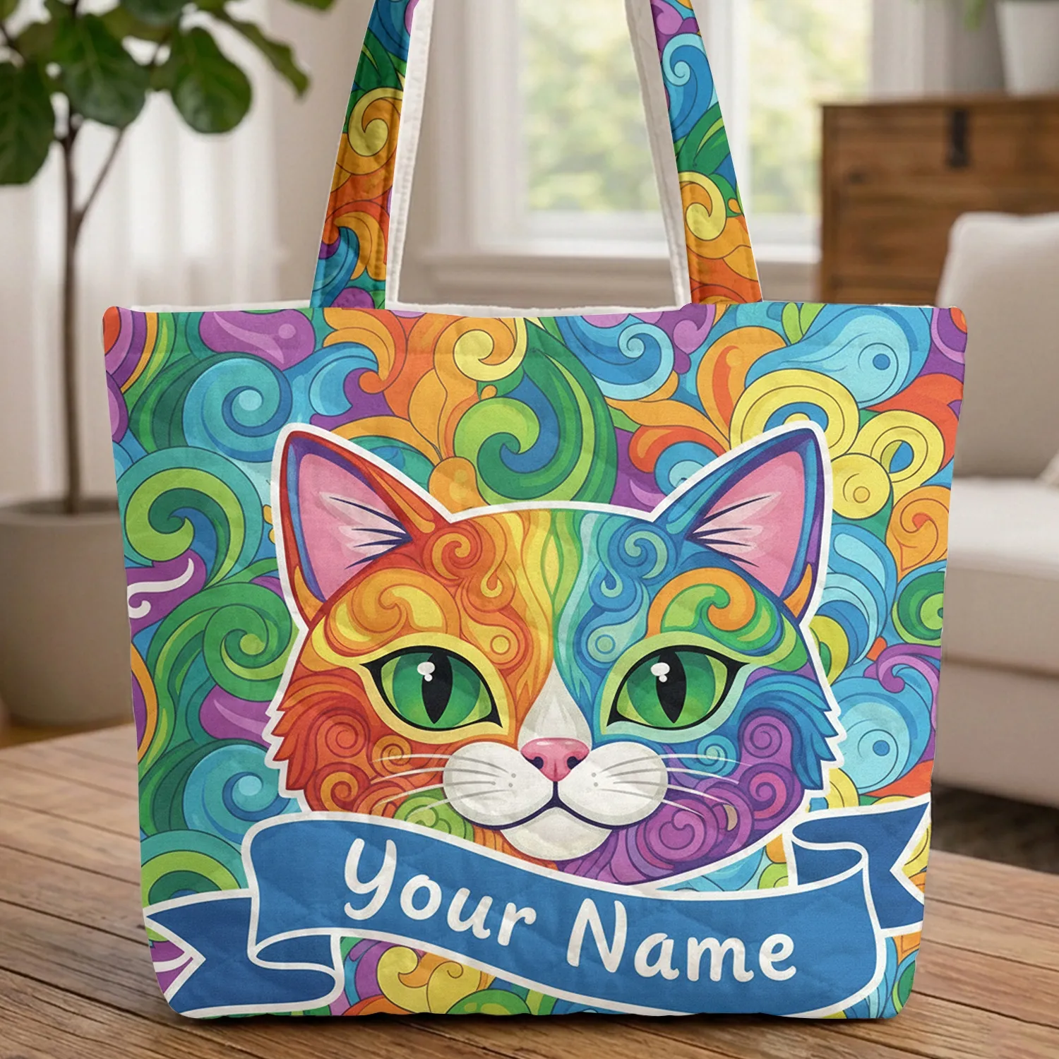 Swirling Cat Face Petal Name Ribbon - Everyday Tote Cat Lover Gift Quilted Tote Bag - 1