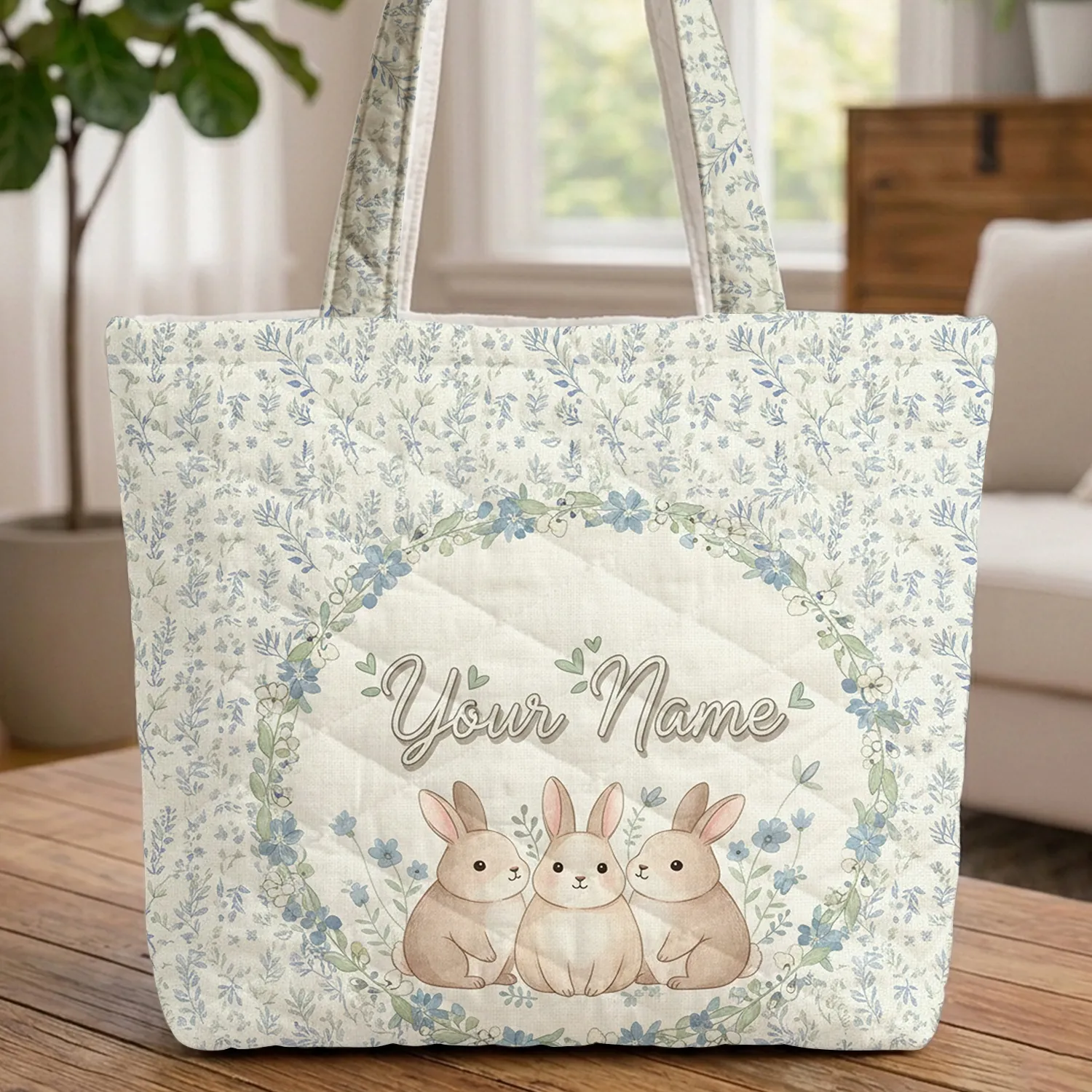 Three Bunnies Wildflower Floral Name Garden Botanical Leaves Berries - Everyday Use Quilted Tote Bag - 1