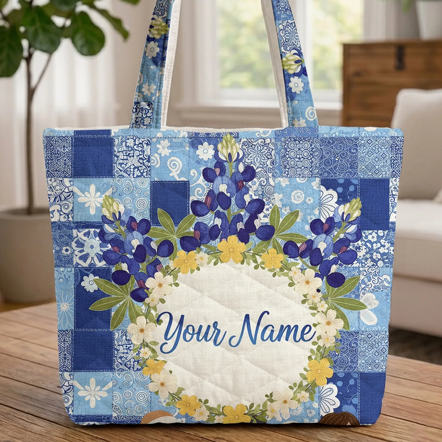 Bluebonnet Flowers Floral Patchwork Personalized Name - Everyday Tote Quilted Tote Bag - 1