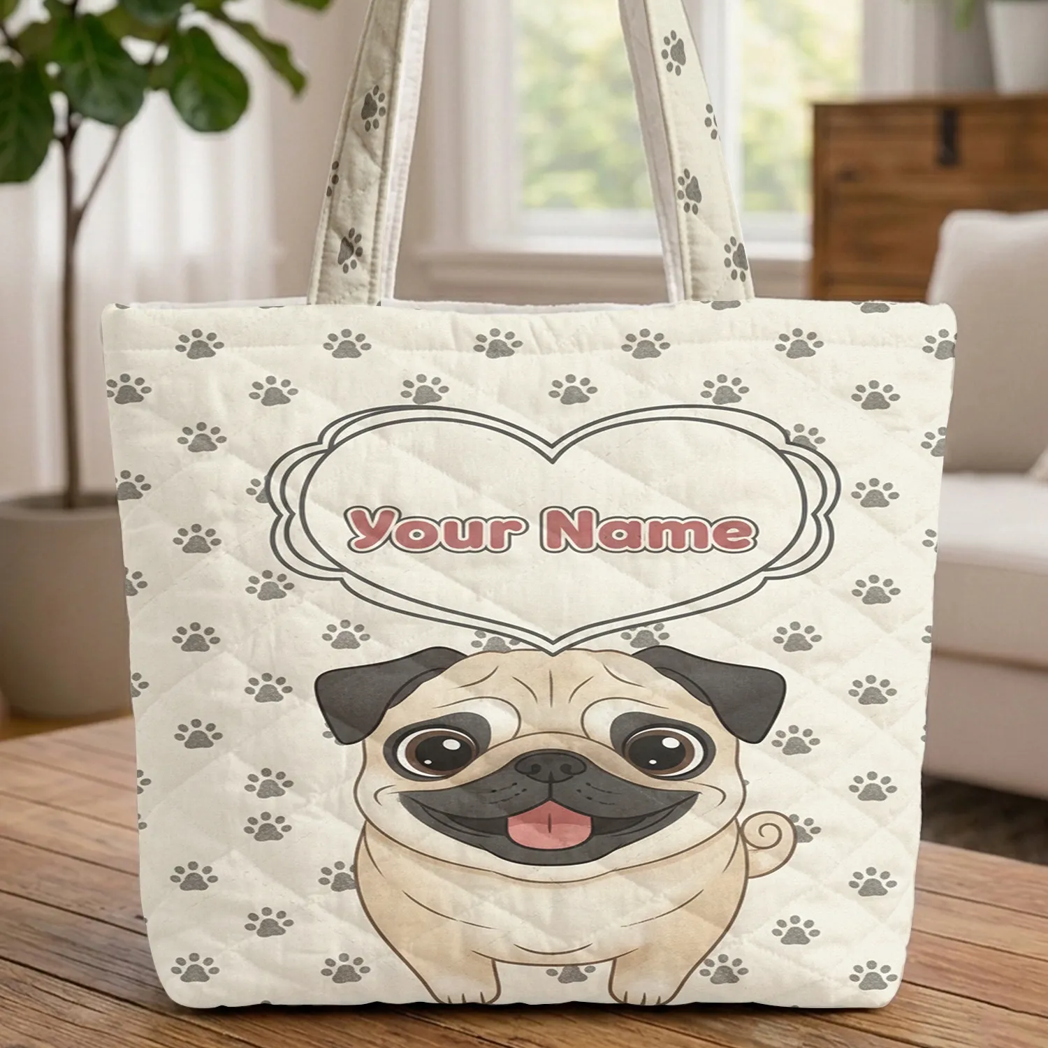 Pug Large Expressive Eyes Happy Smile Heart Paw Prints - Dog Lover Everyday Tote Gift Quilted Tote Bag - 1
