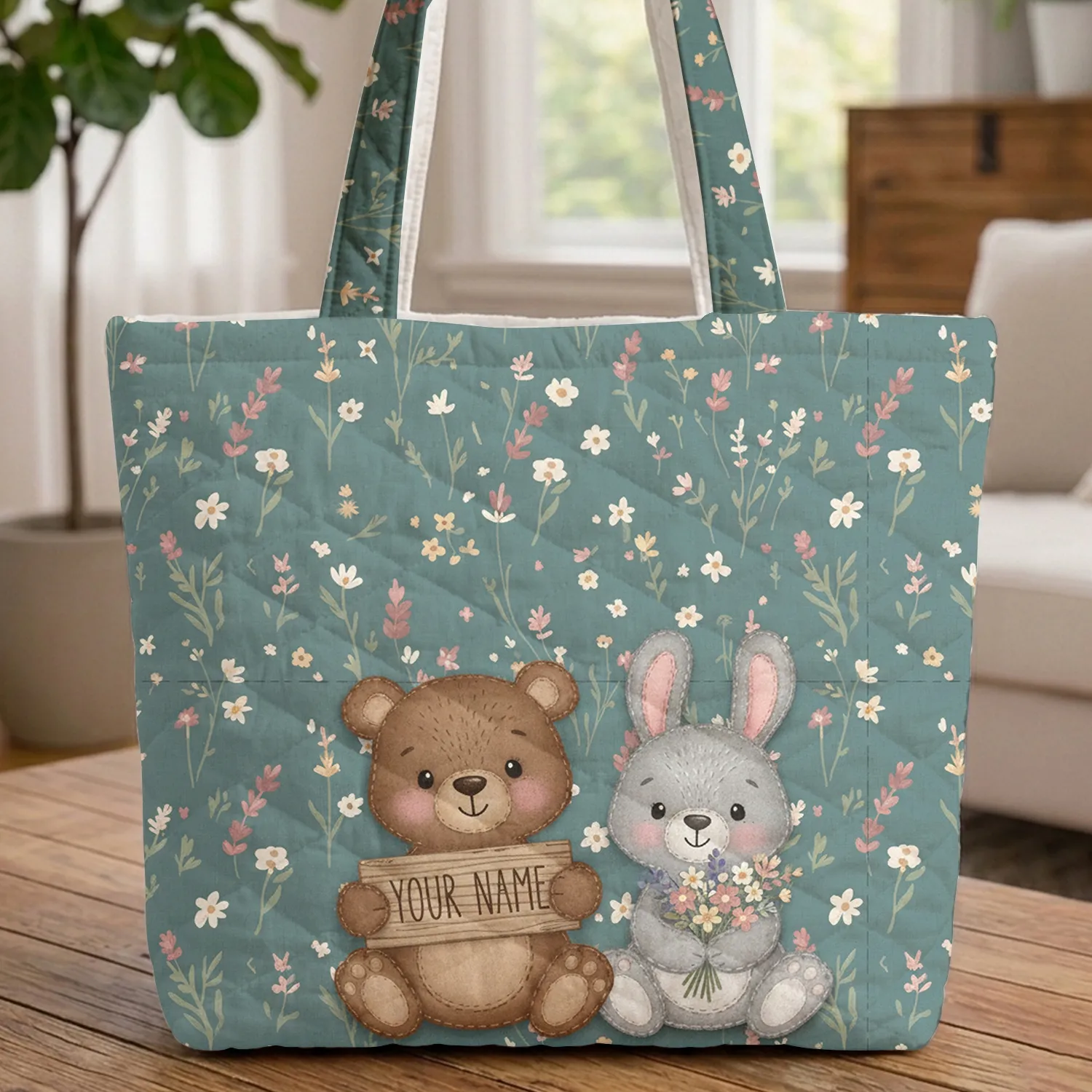 Personalized Bear Bunny Wildflower Lavender Name - Everyday Use - Animal Lover Gift Quilted Tote Bag - 1