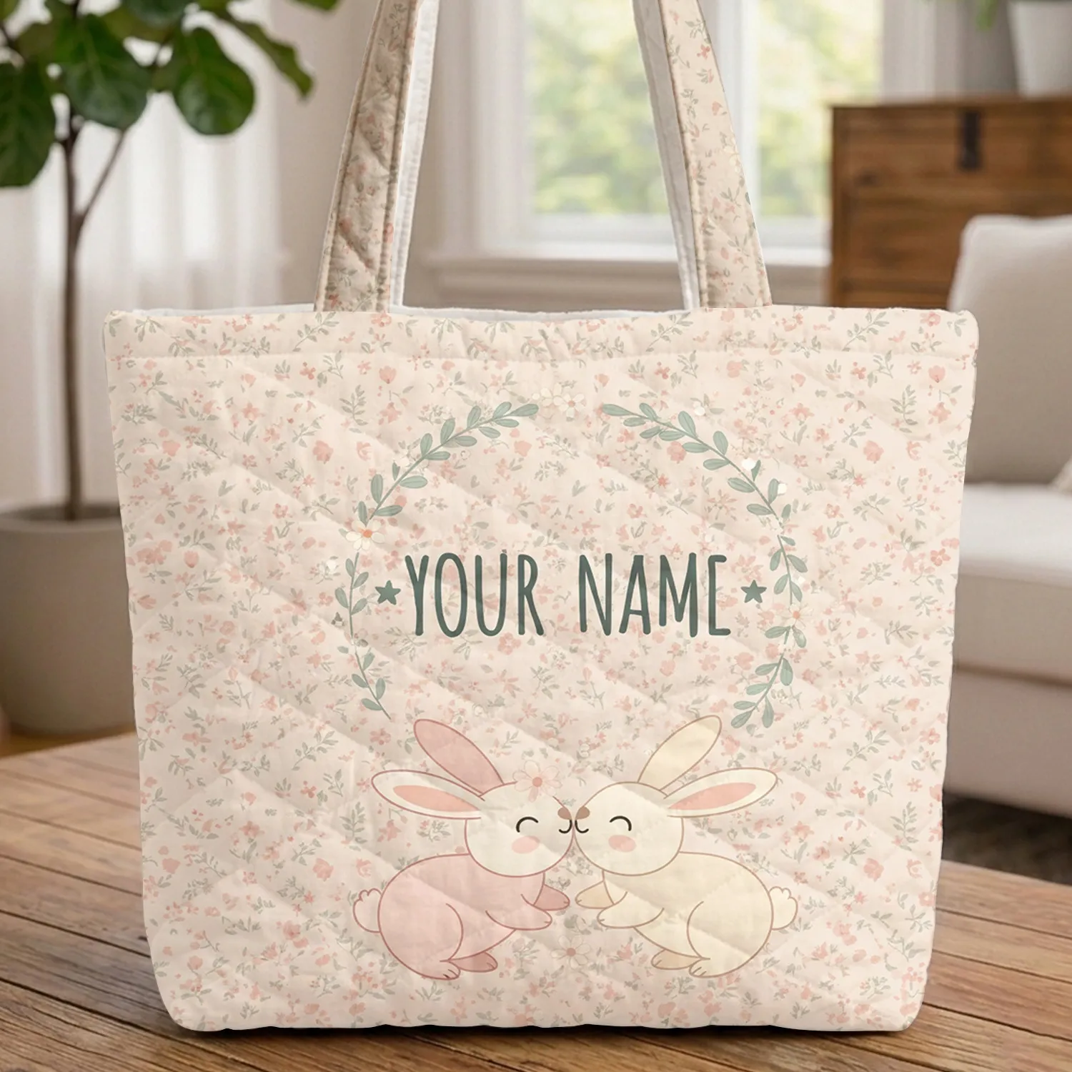 Nuzzling Bunnies Flowers Sage Green Leaves Your Name Wreath Spring Gift for Newborn Nursery Quilted Tote Bag - 1