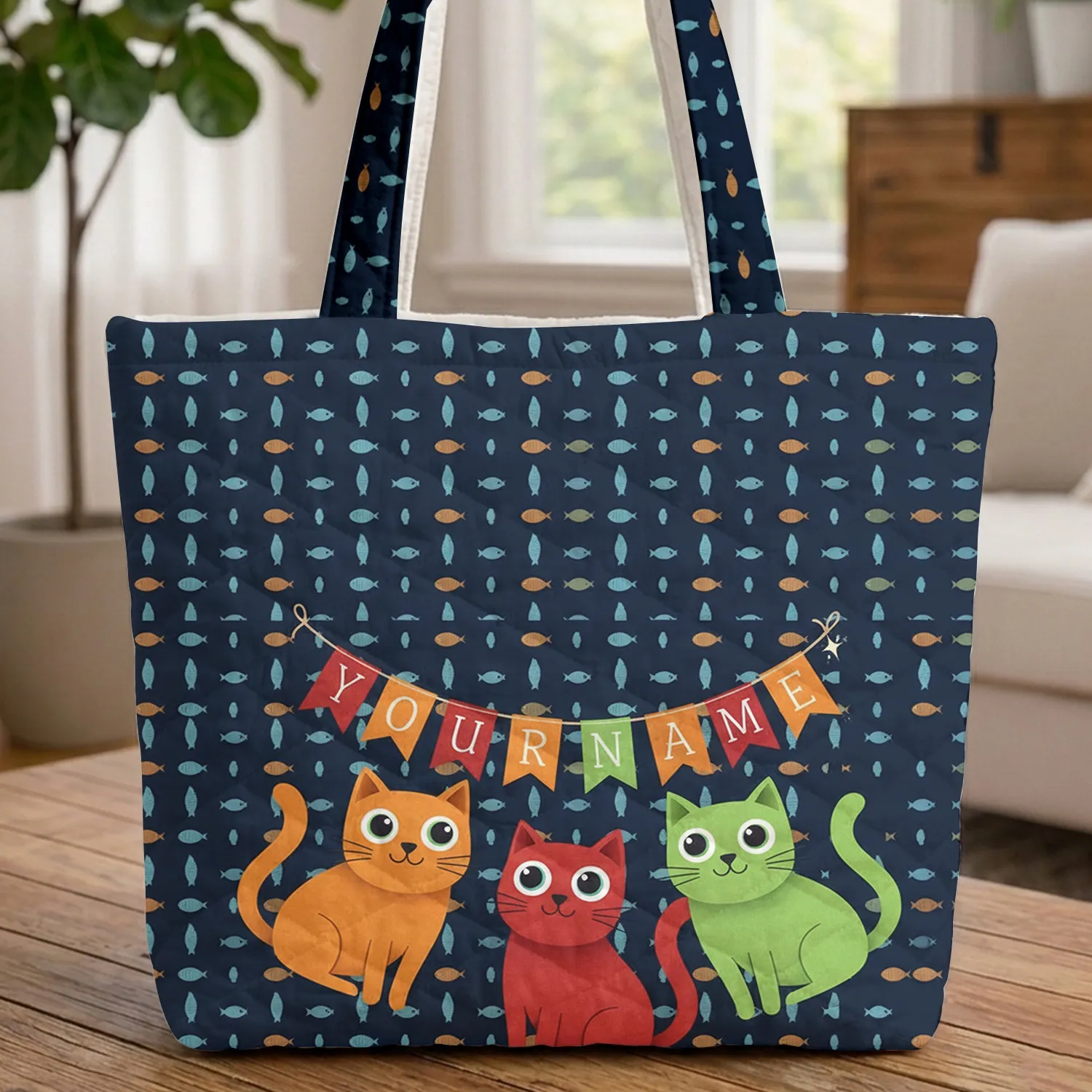 Orange Red Green Cats Scattered Small Fish Name Bunting - Cat Lover Everyday Tote Birthday Gift Quilted Tote Bag - 1