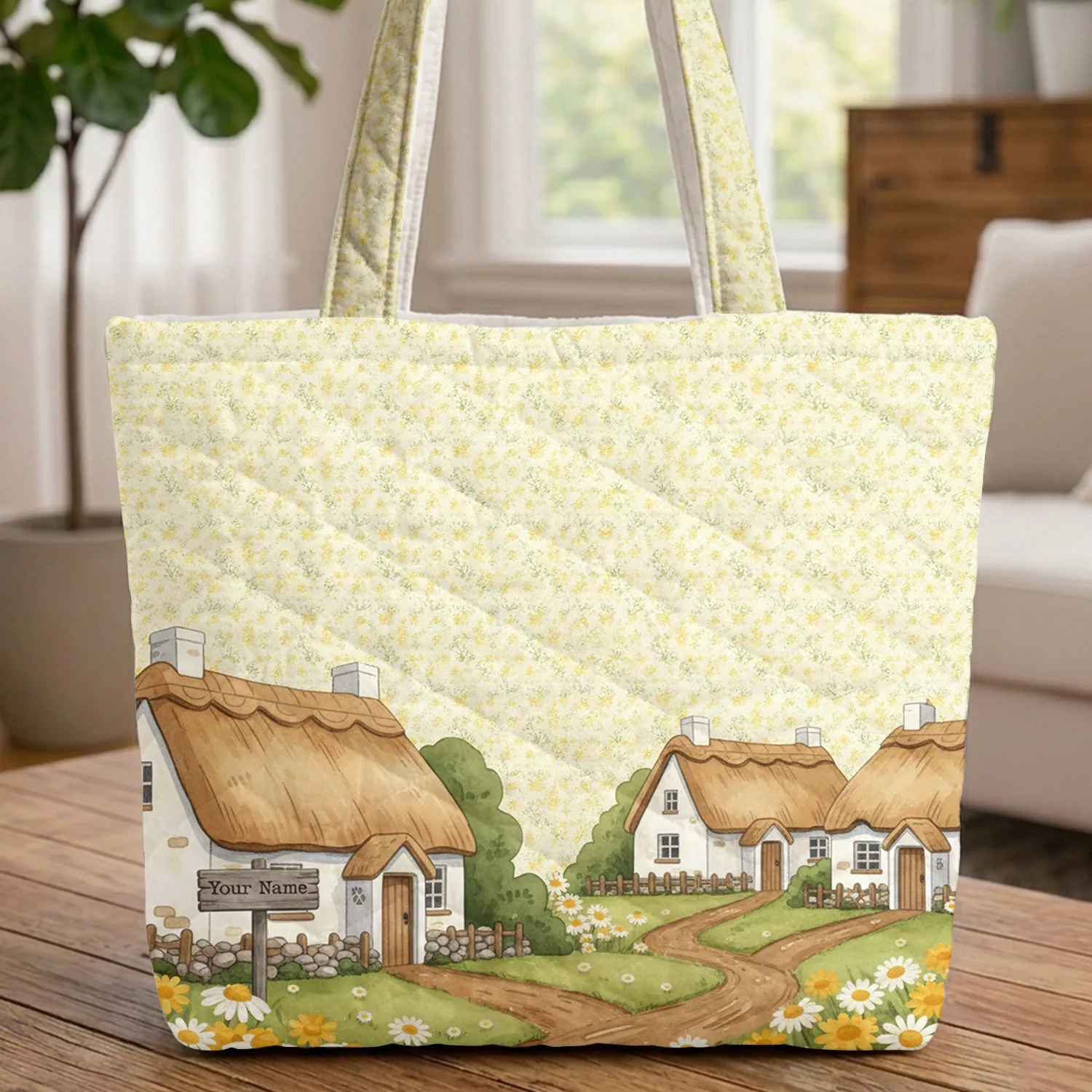 Charming Thatched Cottages Daisy Field Wooden Sign - Farmhouse Home Decor Gift for Housewarming Quilted Tote Bag - 1