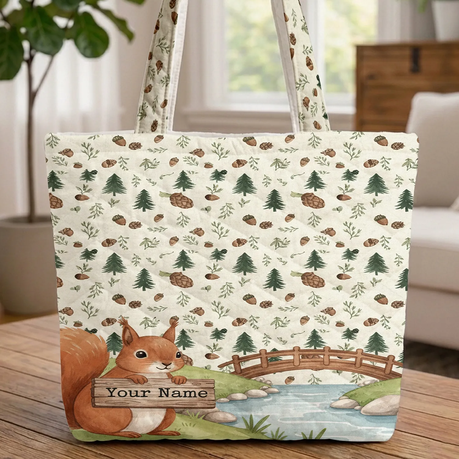 Red Squirrel Grassy Bank Wooden Sign Pine Trees Acorns - Wildlife Lover Everyday Gift Quilted Tote Bag - 1
